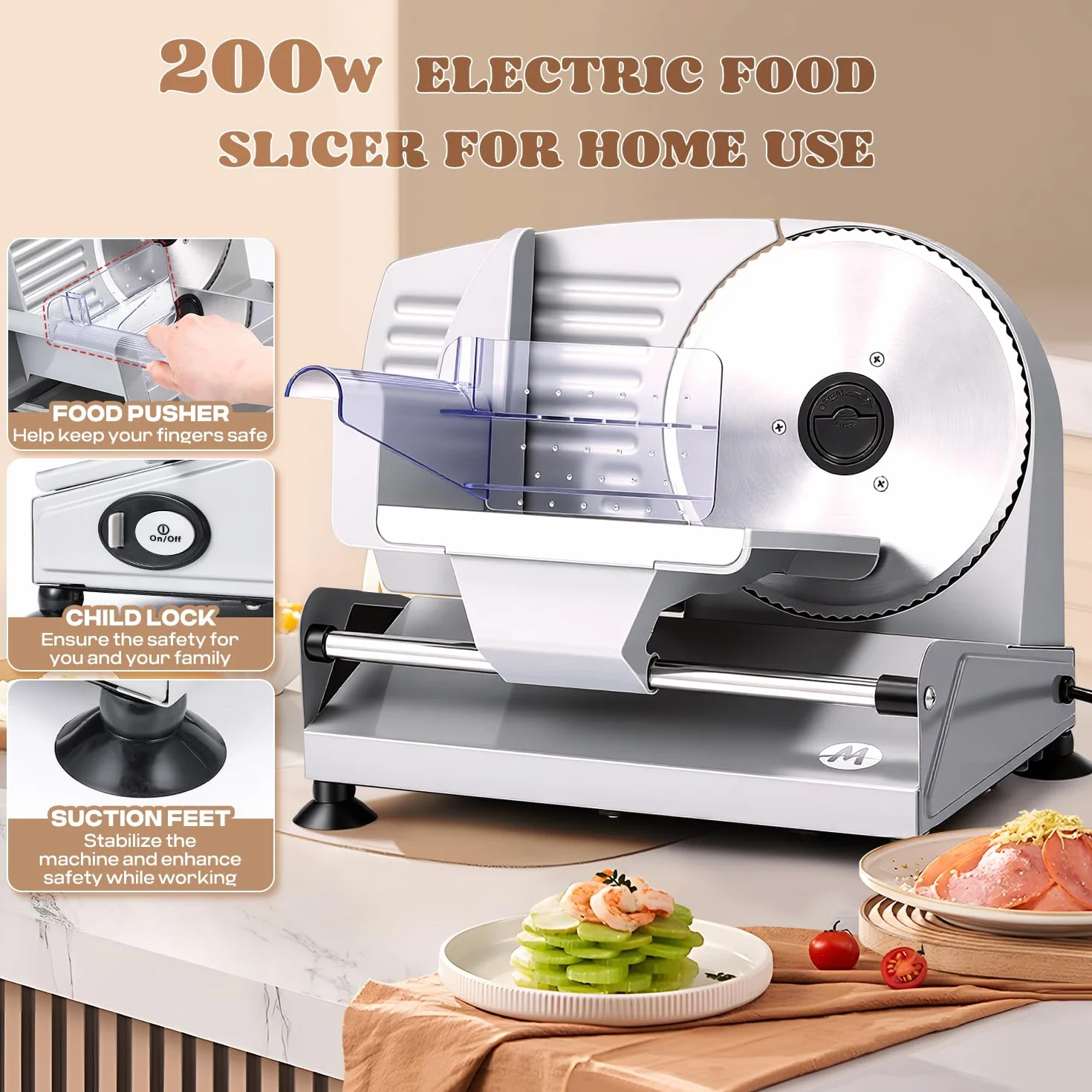 Moongiantgo Affettatrice Elettrica da Casa, Affettatrice Professionale con Blocco di Sicurezza, Spessore Regolabile 0-15mm, 2x Lama in Acciaio Inox da 19cm per Carne/Pane/Formaggio/Verdura (200W)