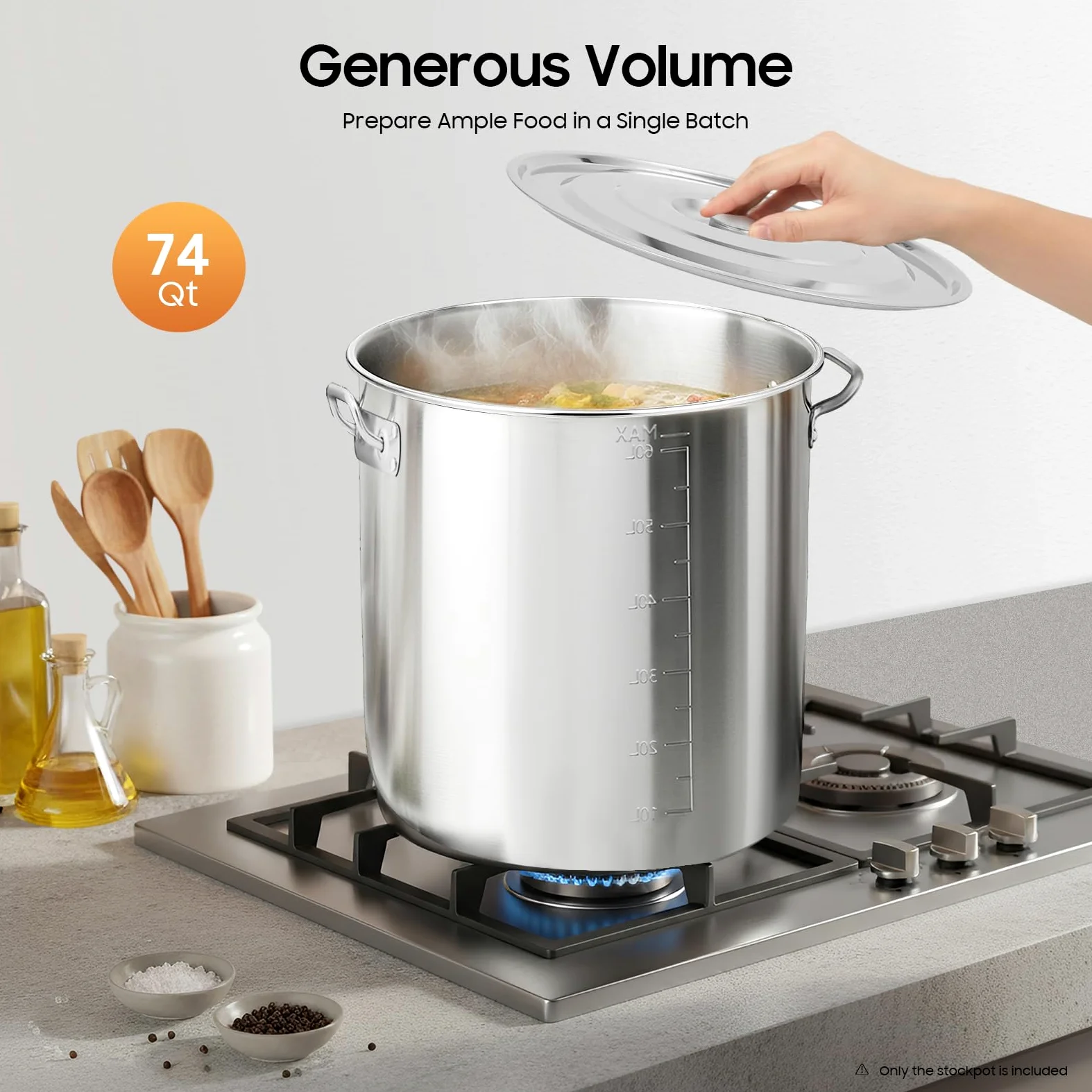 Pentola da cucina in acciaio inox, 70 l, grande capacità, con manici, per feste e gastronomia, 46,5 x 45 cm, in acciaio inox per fornelli a gas, fornelli elettrici, fornelli a induzione