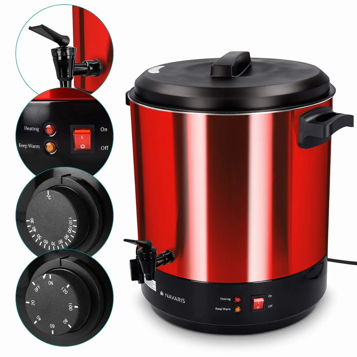 Navaris Macchina per conserva elettrica 1800W - Pentola conserve 27l con rubinetto - Bollitore distributore bevande calde in acciaio inox - rosso