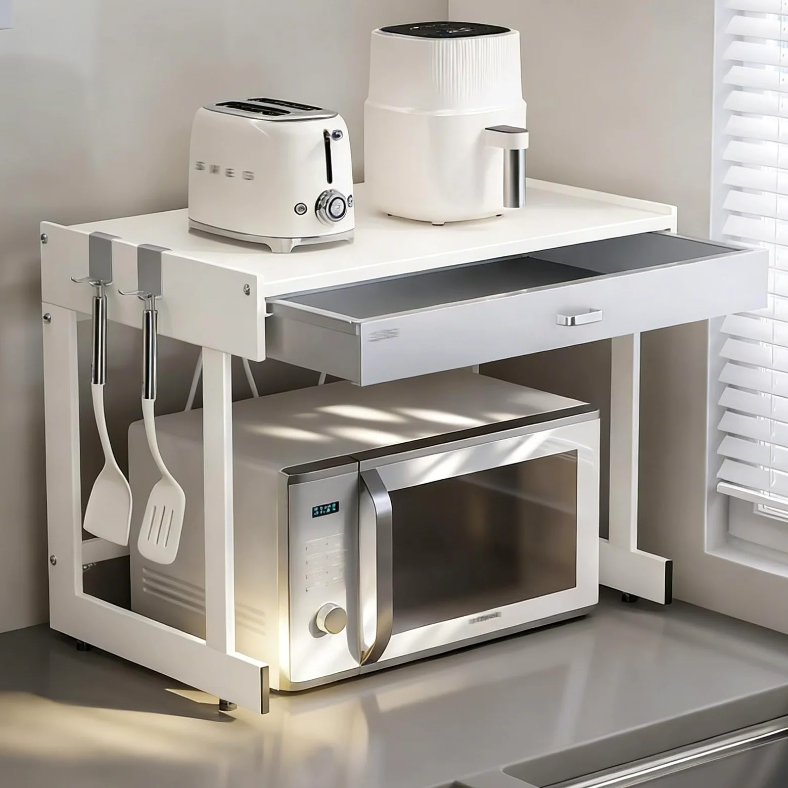 3 Livelli Mensola Microonde, Scaffale Per Microonde con Cassetto, Supporto Per Microonde con Spazio Contenitore Per Ingresso E Soggiorno(Off-white+Gray,L52cm/20.4'')