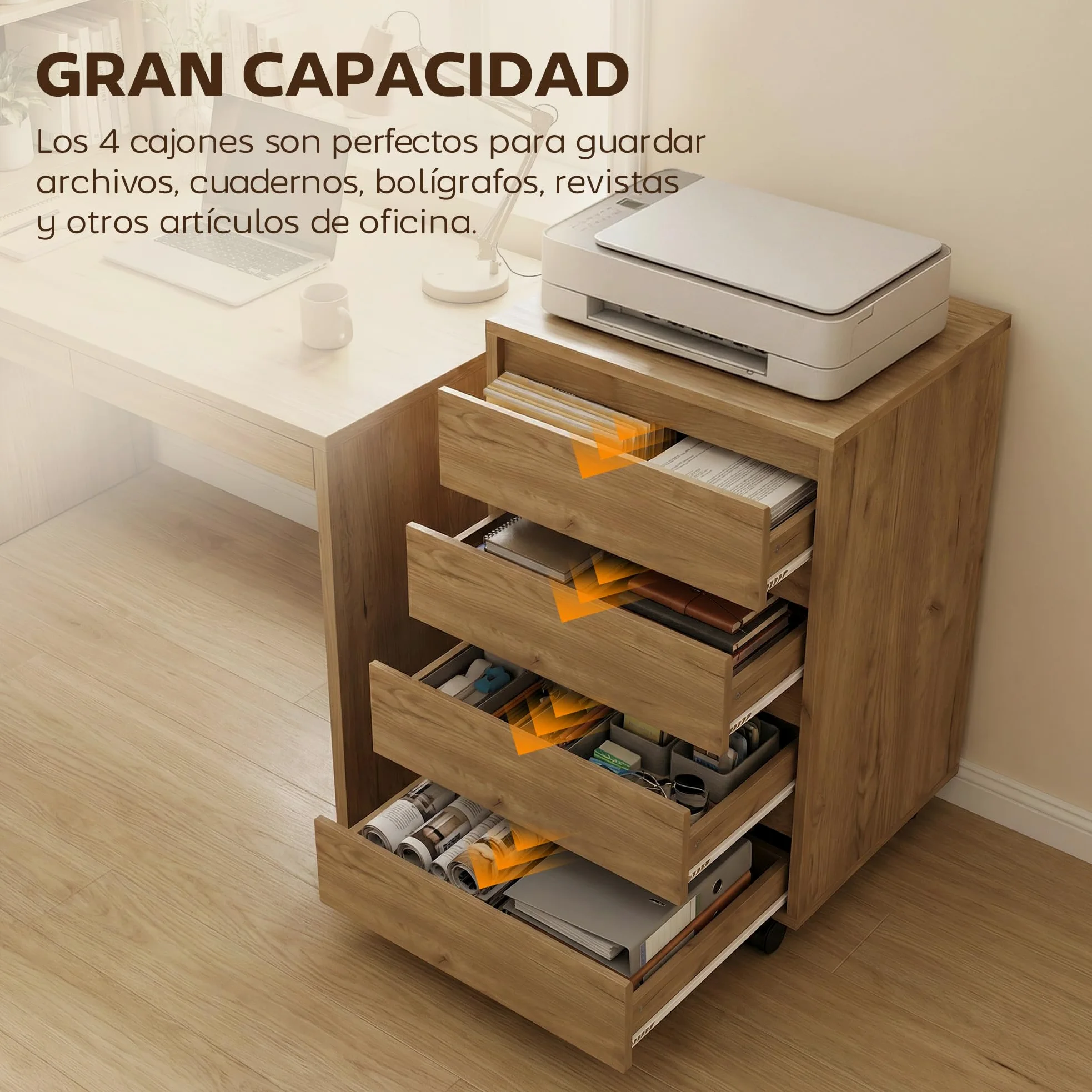 HOMCOM Cassettiera da ufficio con 4 cassetti Cassettiera da scrivania con ruote Scaffale mobile per studio 46x40x65 cm Marrone