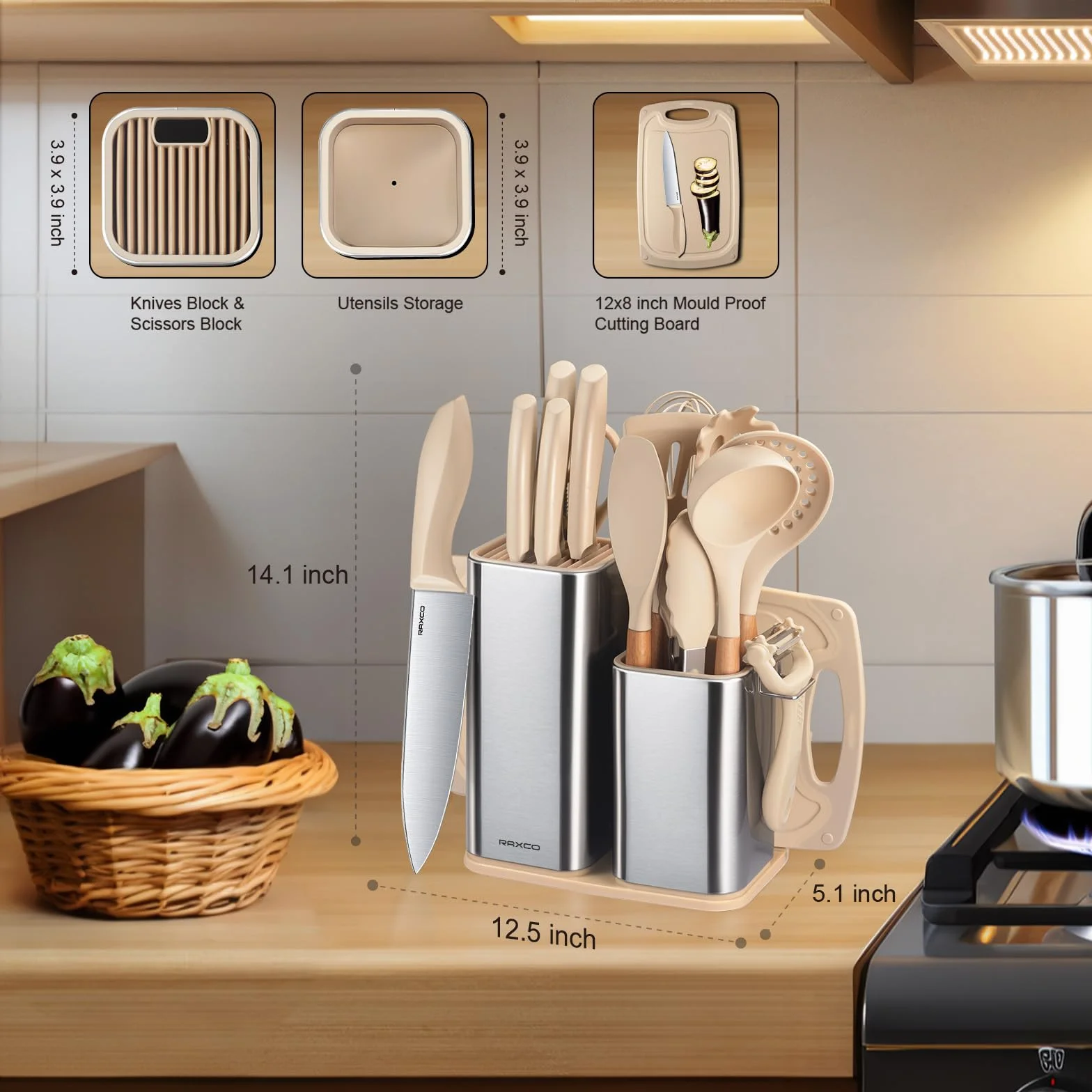 RAXCO Set di coltelli da cucina con blocco 18 pezzi 5 coltelli 7 spatole in silicone Cachi