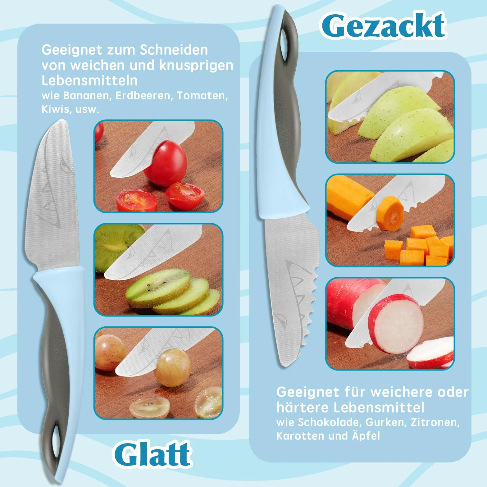 Kindermesser 2-teiliges Küchenmesser-Set Zum Schneiden Haie Blau grau, Edelstahl, Perfekte Geschenke für Weinachten Geburtstag