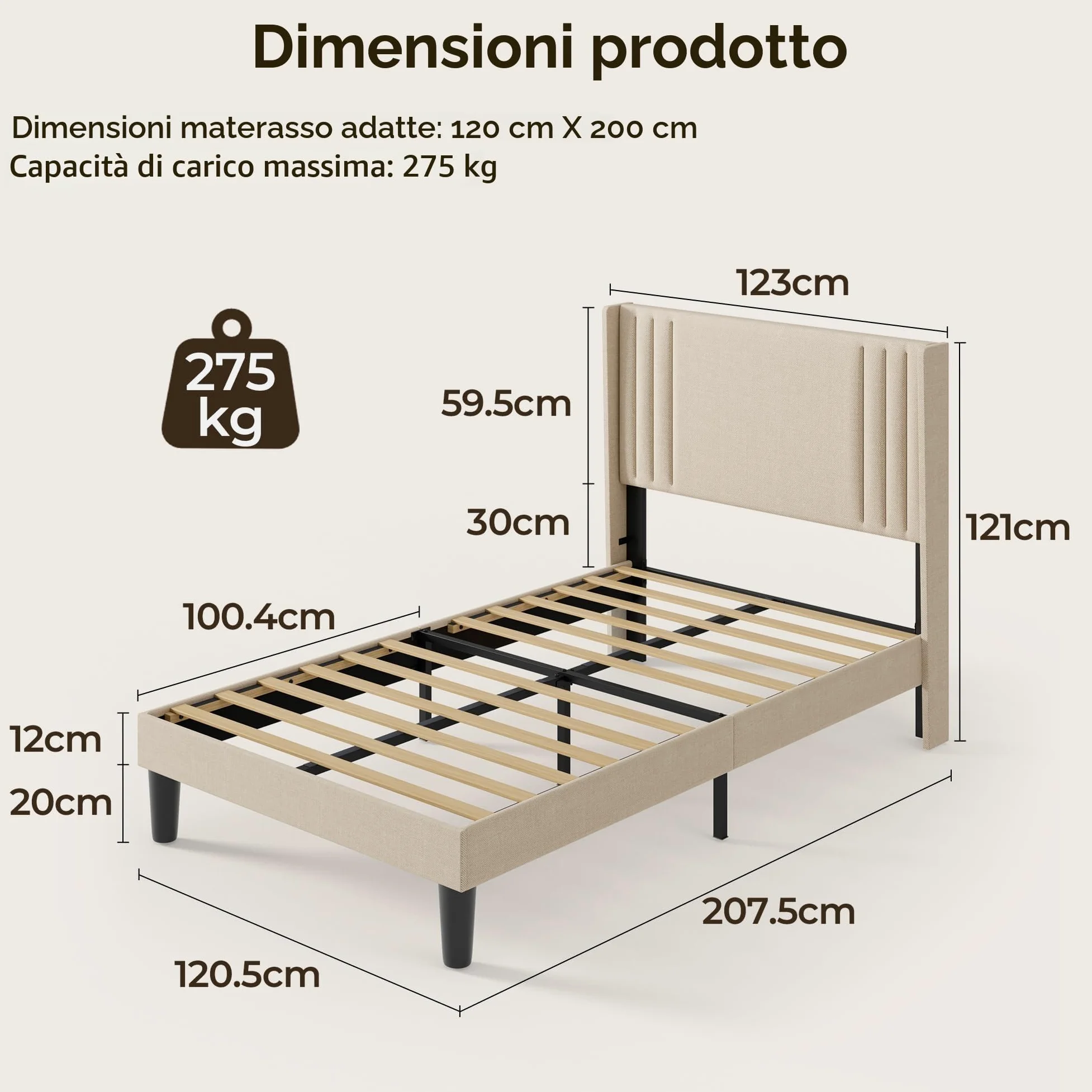 Letto imbottito 120 x 200 cm, con testiera e rete a doghe, robusto letto in tessuto per ragazzi e camere degli ospiti, struttura imbottita,Beige