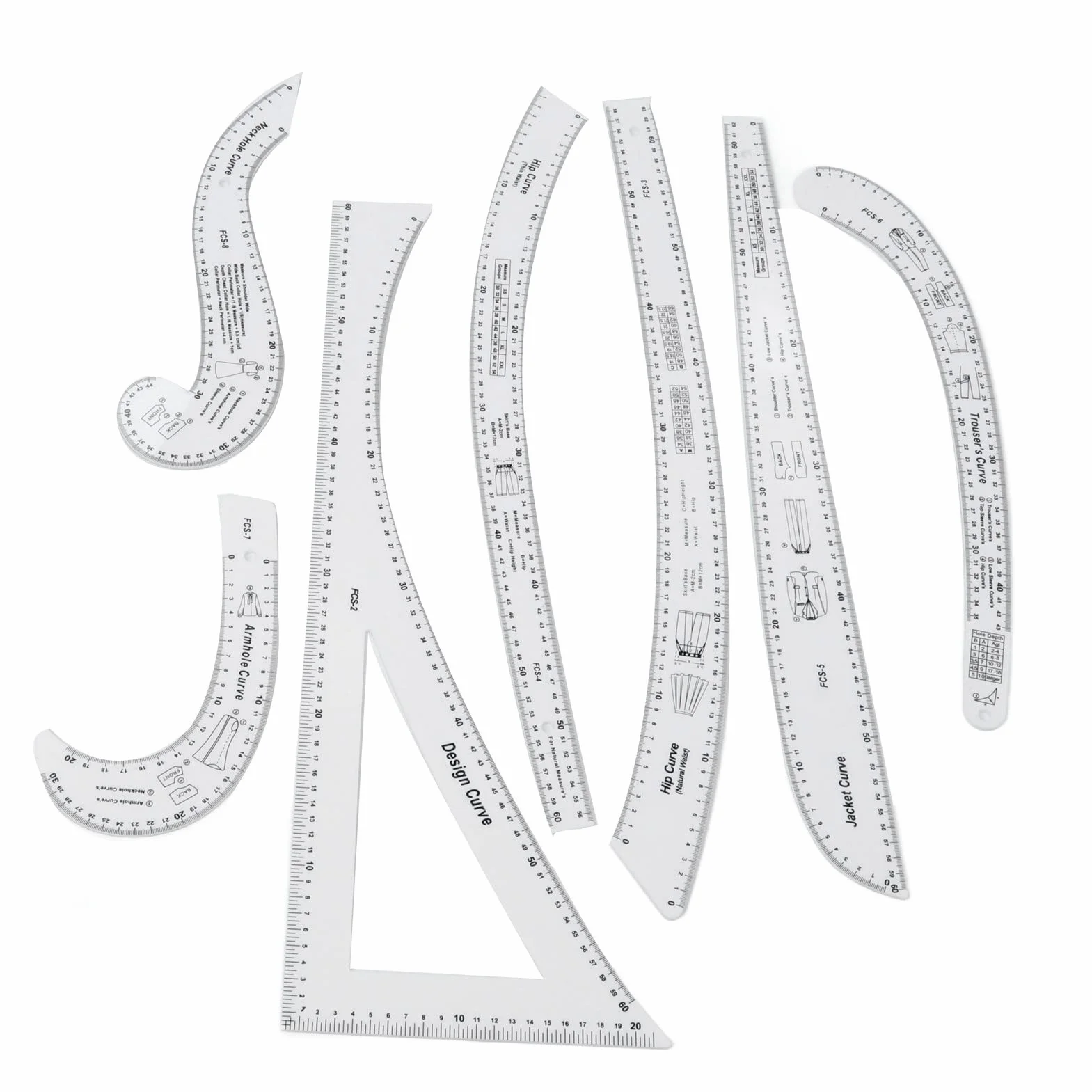 7pcs Set di righelli di Cucitura Trasparente, Righello della Curva Cucito Acrilico per la Realizzazione di Motivi, Produttore di Motivi, Modelli di Cucito