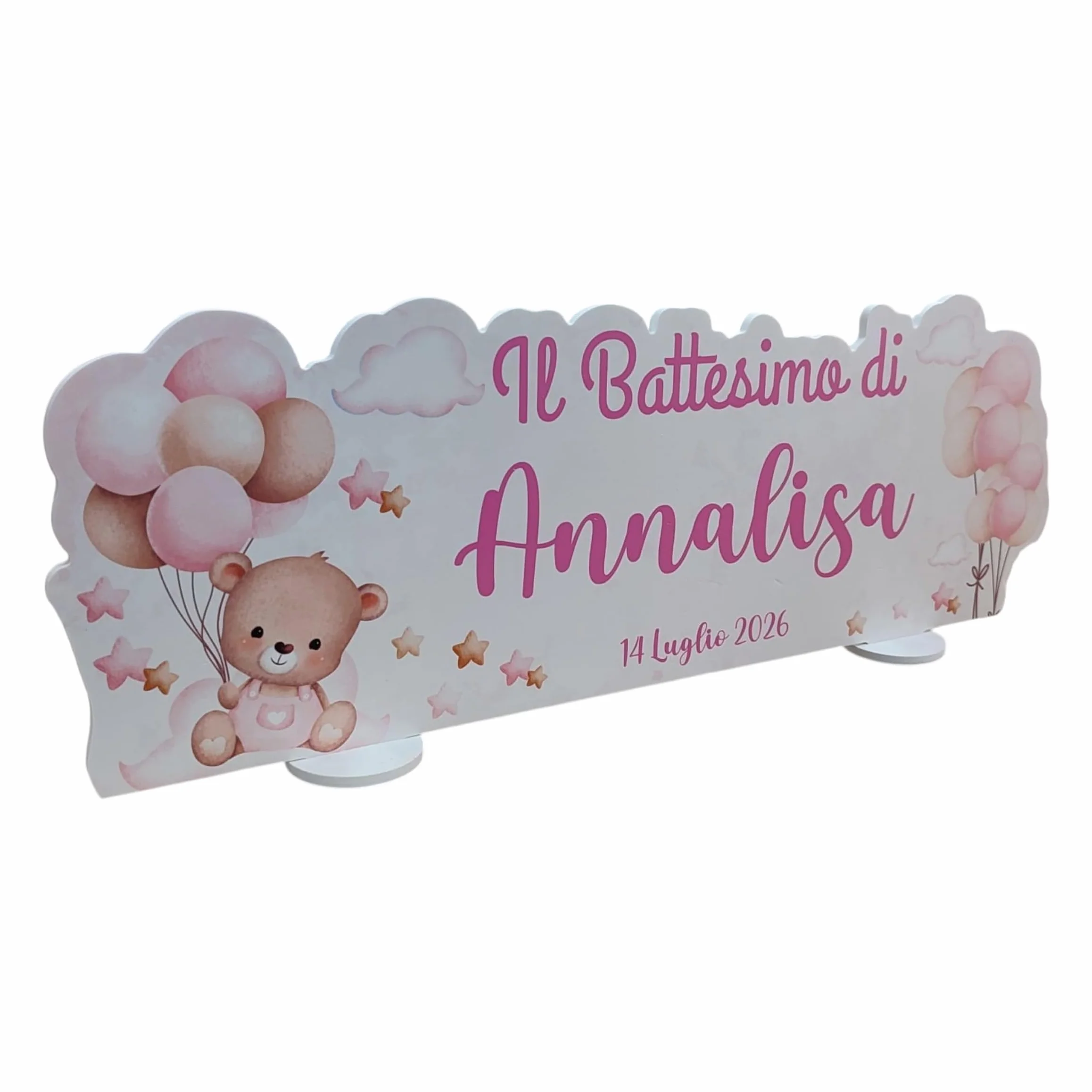PV Grafik® Centro Tavola Battesimo Personalizzato, Centro Tavola confettata Battesimo, Tema Orsetto Bimba, Allestimento Battesimo Nome per Confettata Personalizzato (40B)