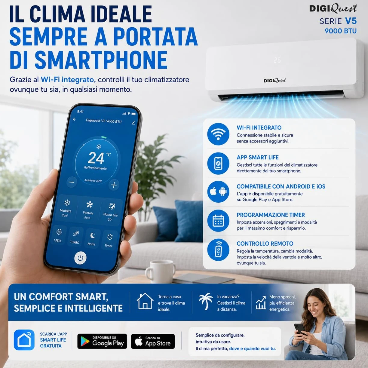 Climatizzatore Digiquest Inverter V5 9000BTU | Wi-Fi integrato | R32 | Classe A++ Raffreddamento/A+++ Riscaldamento | I FEEL | Flusso d'aria 3D | TURBO | Notte | SEER 6,1 |SCOP 5,1 | CLIMA00062