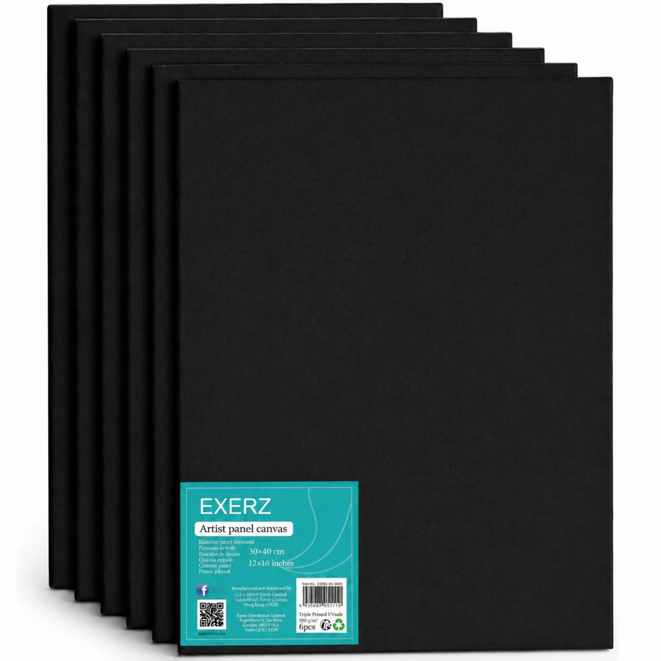 Exerz 30x40cm Pannelli in Tela 6pz Nero - 3mm/ 280gsm/ 100% Cotone Cartoni Telati d’Artista Bianca per Pittura/Vuote/Tre Strati di Gesso/Prive di acidi/Grana Media - Olio o Acrilico