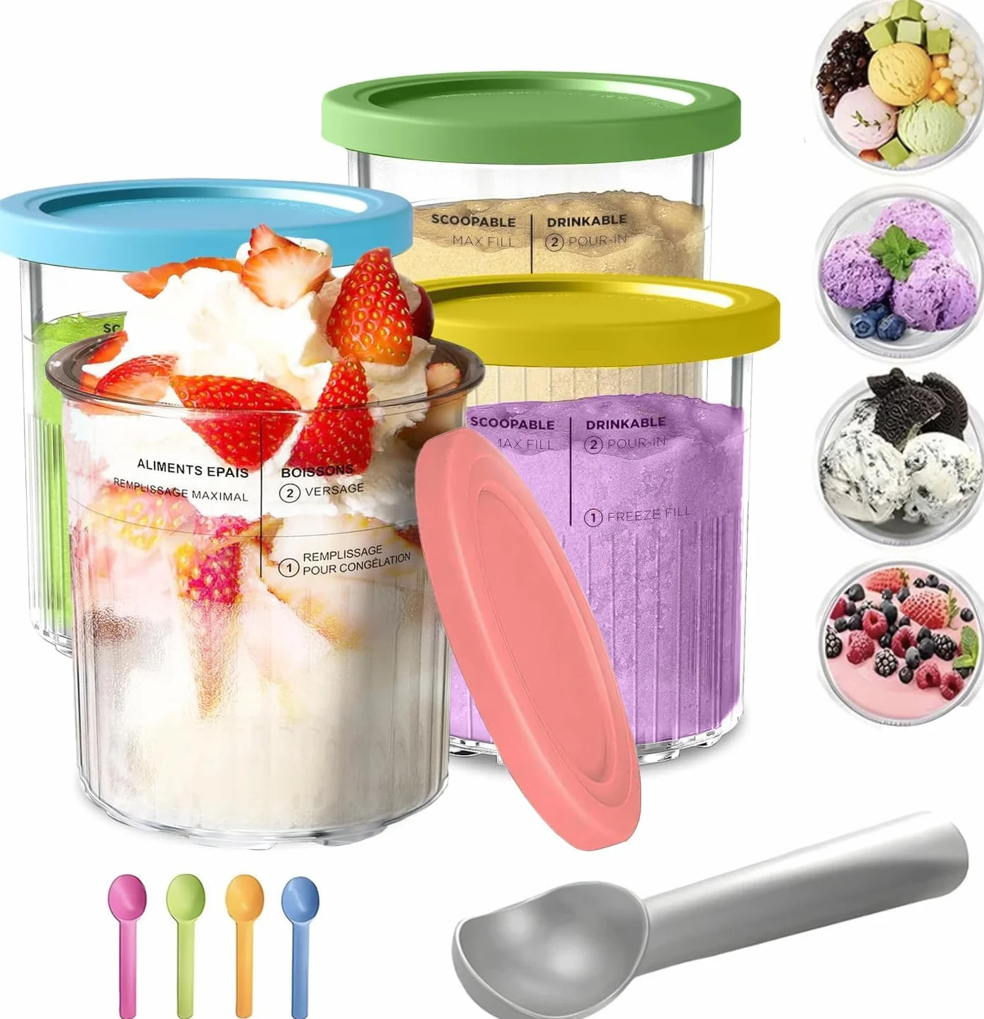 Vasche per gelato Ninja Creami Deluxe Serie NC500 NC501, 4 contenitori sostitutivi con coperchi colorati e cucchiaini