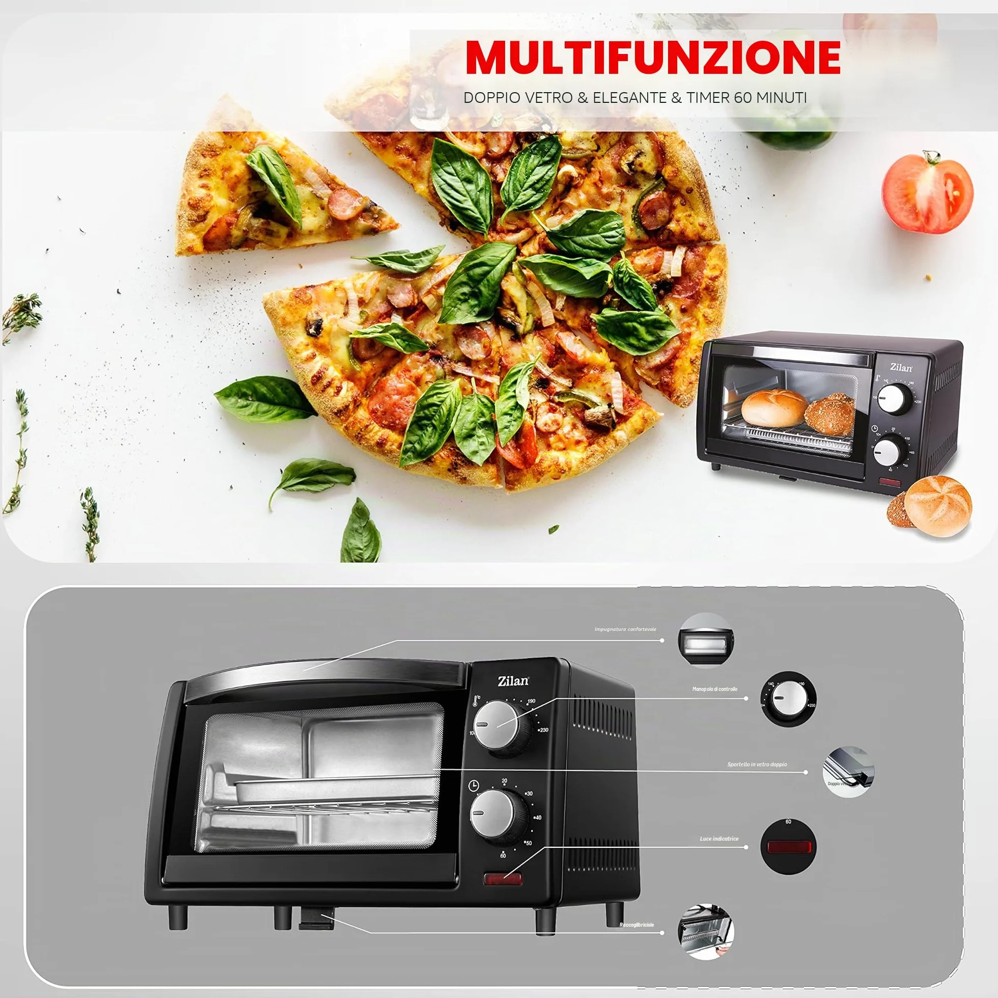 Forno Elettrico 9 Litri 800 Watt Doppio Vetro Timer Zilan