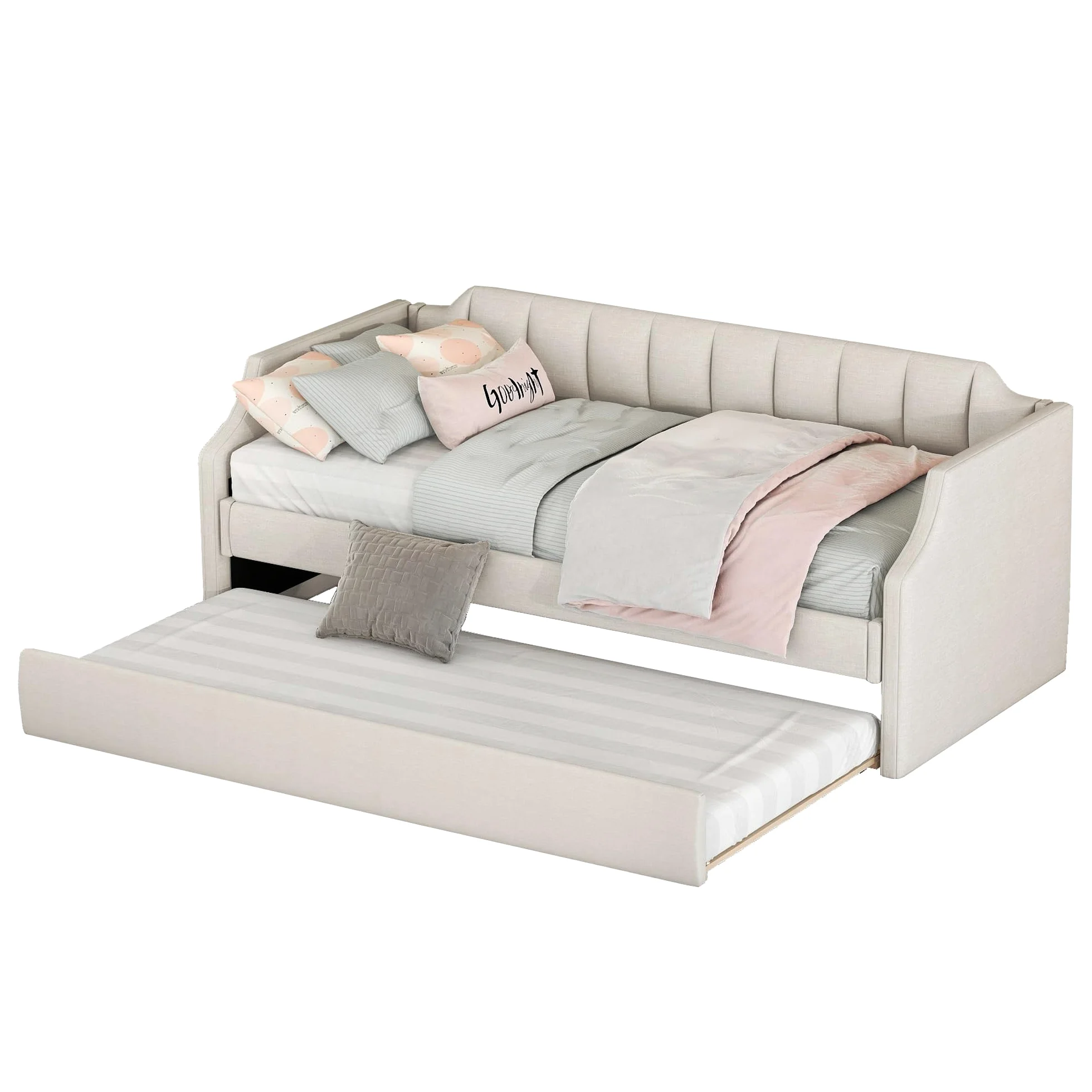 Azkoeesy Letto imbottito 90 x 200 cm, divano letto con secondo letto estraibile, con rete a doghe, lettino per bambini, max 120 kg, rivestimento in lino (beige), WX602