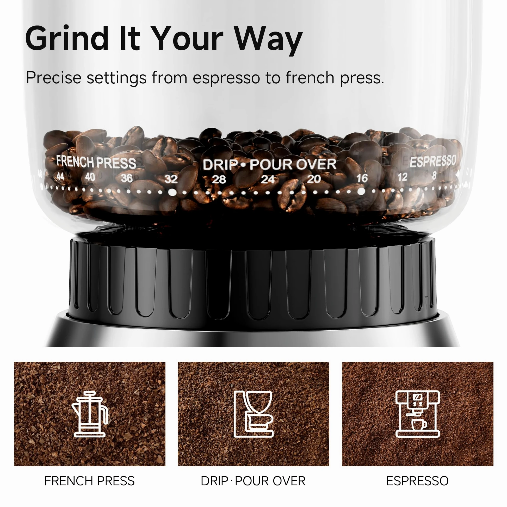 HIBREW G7-48 - Macinacaffè elettrico con impostazioni precise per espresso/filtro/caffè, controllo porzioni e macinacaffè antistatico, conico per caffè appena macinato
