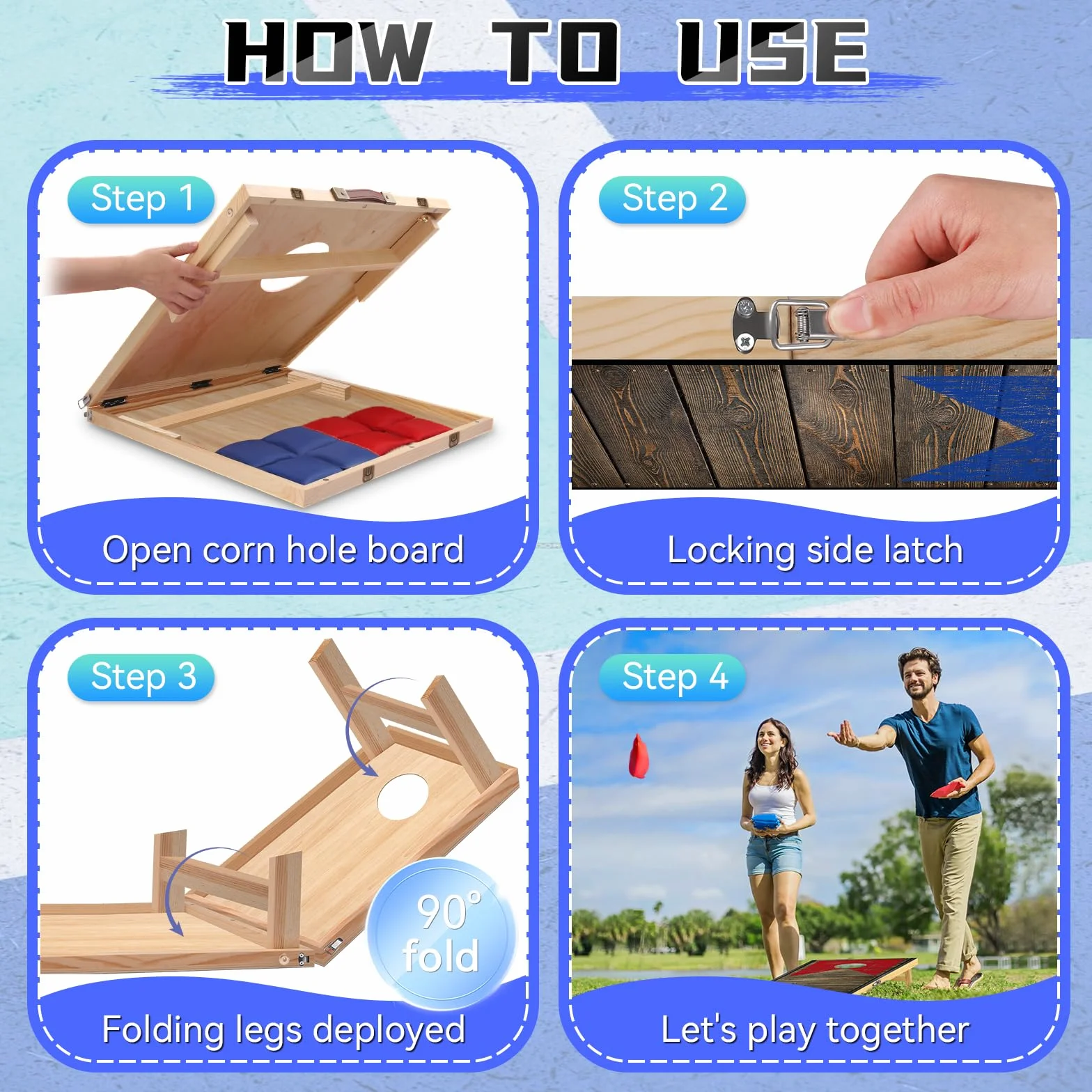 NZQXJXZ Set da Gioco per Cornhole in Legno Massello - 120x55 cm Tavole Pieghevoli per Cornhole con 8 Sacchi di Fagioli e una Borsa per il Trasporto, Giochi di Cornhole Portatili per Adulti e Famiglia