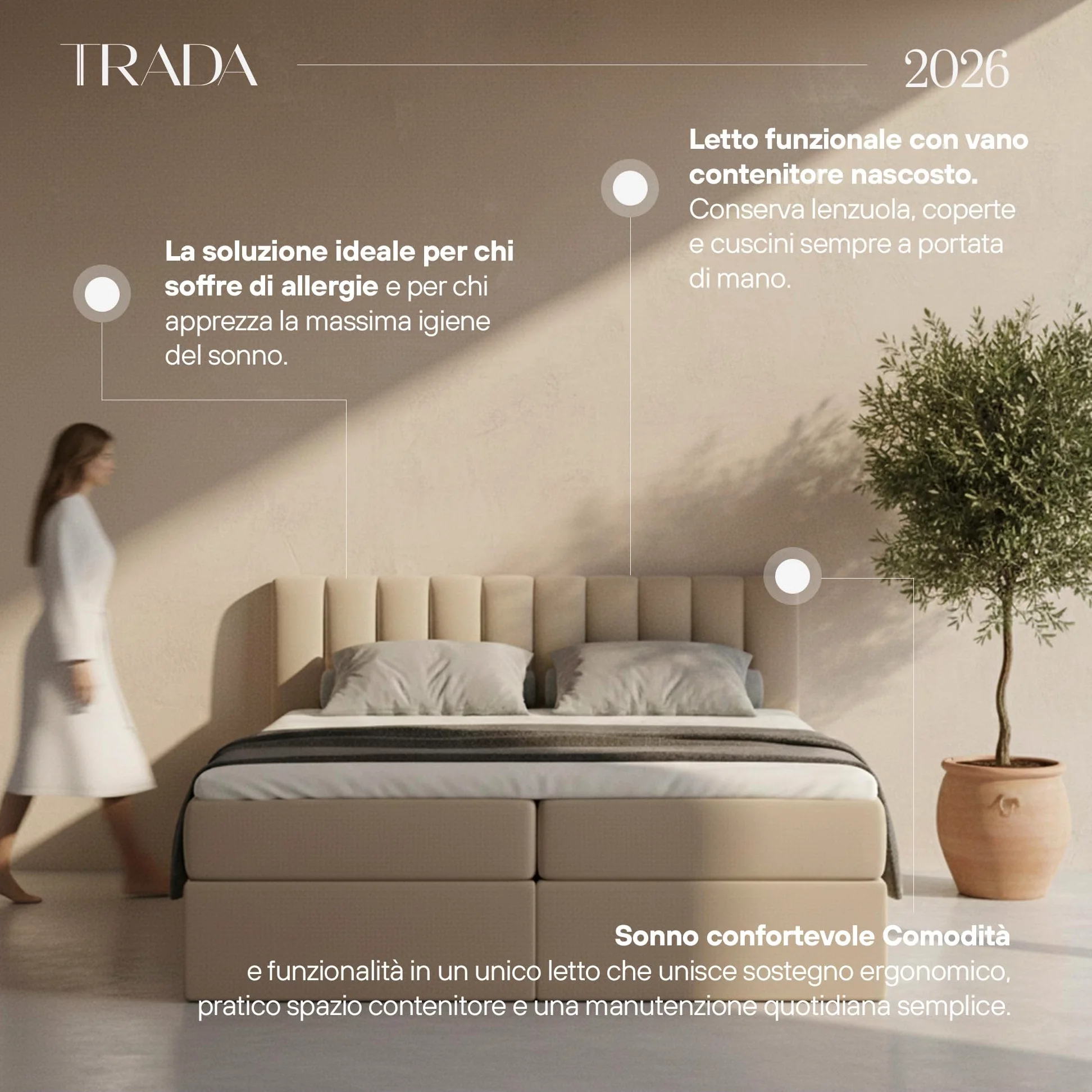 TRADA Letto Contenitore Matrimoniale con Contenitori e Materasso Pocket H3 - Elegante Letto PALERMO con Materasso e Topper - Beige - 180 x 200 cm