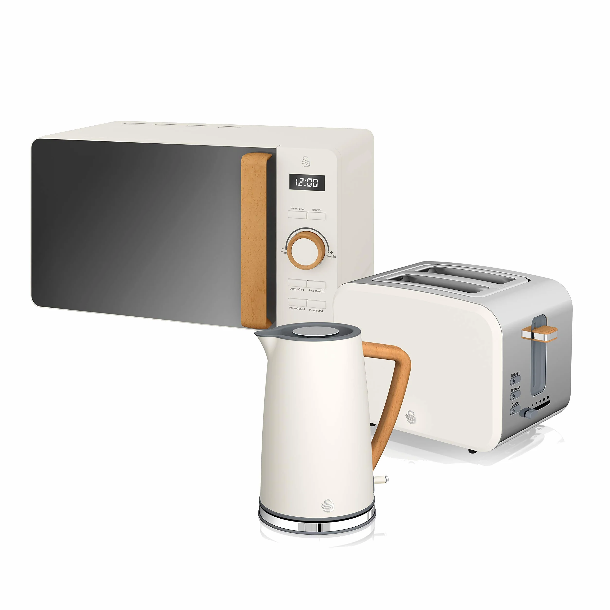 Swan Nordic Set Colazione Bollitore 1,7L 2200W, Tostapane Pan Slot Larga 2 fette, Microonde 20L Digitale, Design Moderno Effetto Legno, Bianco