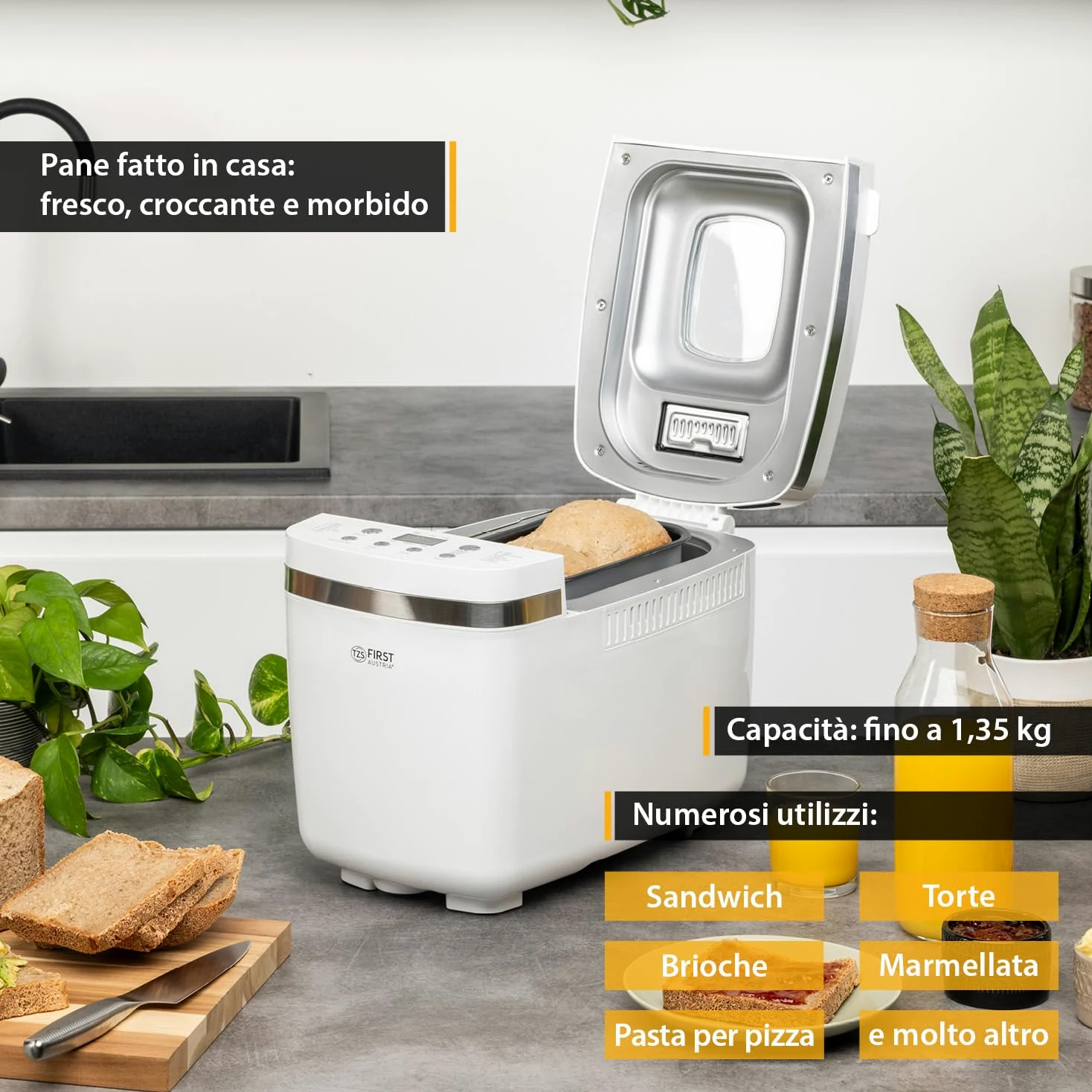 TZS First Austria - Macchina del Pane 850W - Per pane da 900g & 1350g - 14 Programmi automatici - Doratura regolabile, Timer & Funzione mantenimento calore