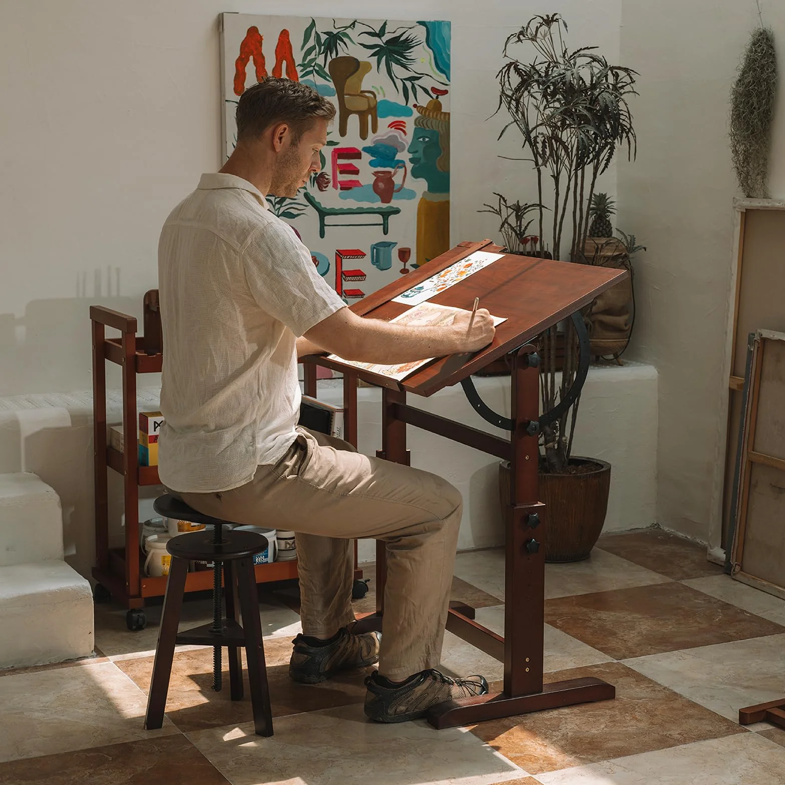 MEEDEN Set di tavolo da disegno e sgabello, in legno, stile vintage, con sedia da disegno e tavolo da lavoro con altezza regolabile, piano inclinabile per opere d'arte, grafica, scrittura
