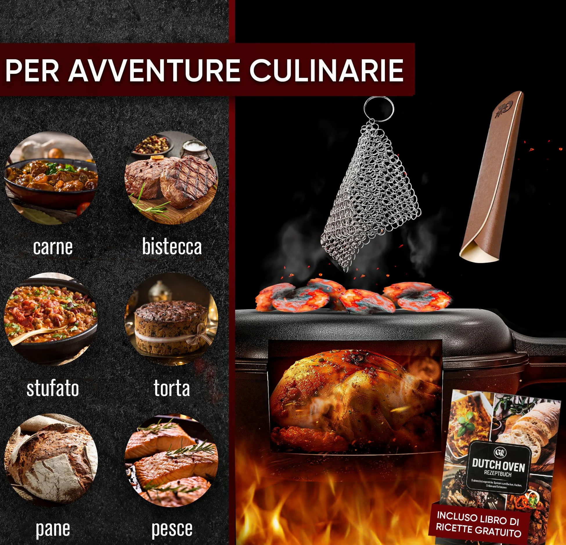 GUSSKÖNIG Dutch Oven - 2 in 1 Pentola in ghisa pre-stagionata 3L & Padella in ghisa 1,5L - Set Dutch Oven con funzione doppia Casseruola in Ghisa - Inclusi libro di ricette e accessori per BBQ