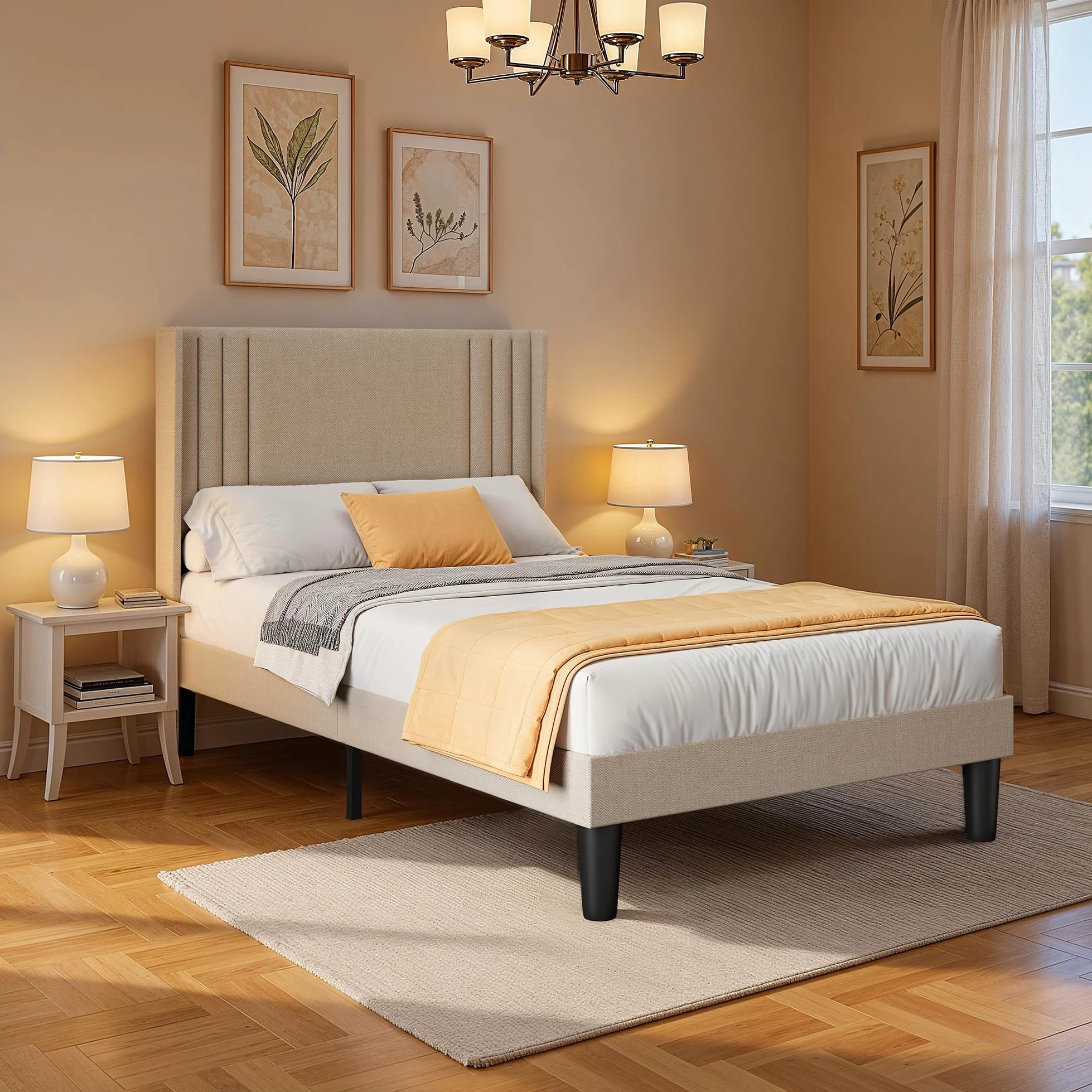 Letto imbottito 120 x 200 cm, con testiera e rete a doghe, robusto letto in tessuto per ragazzi e camere degli ospiti, struttura imbottita,Beige