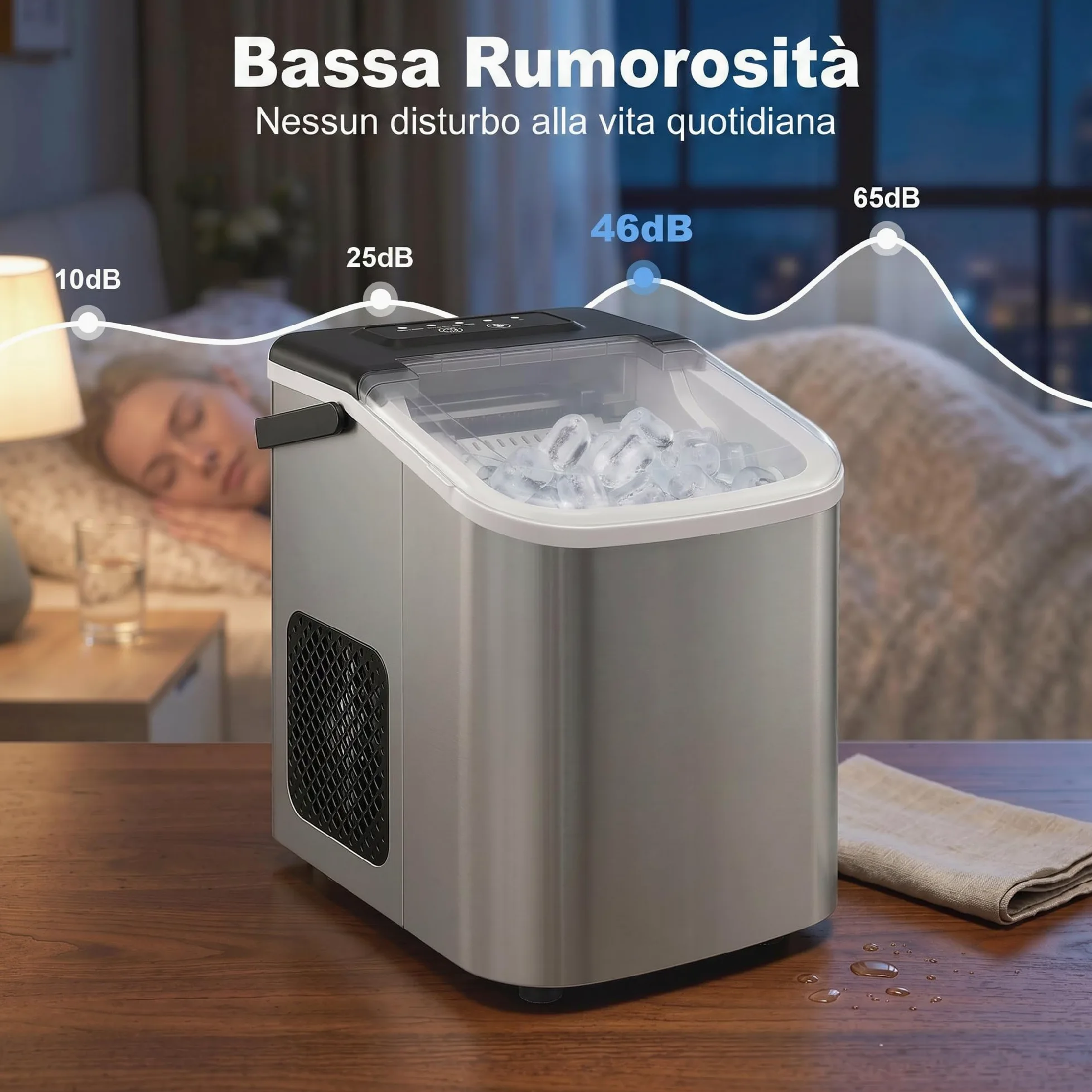 HOMCOM Macchina Ghiaccio 12kg/24h, Autopulente Macchina del Ghiaccio 9 Cubetti in 7-10Minuti, Acciaio Inox, 2 Dimensioni, Serbatoio 1.2L, Portatile, Silenzioso, Cestello Paletta, Casa Ufficio, Argento