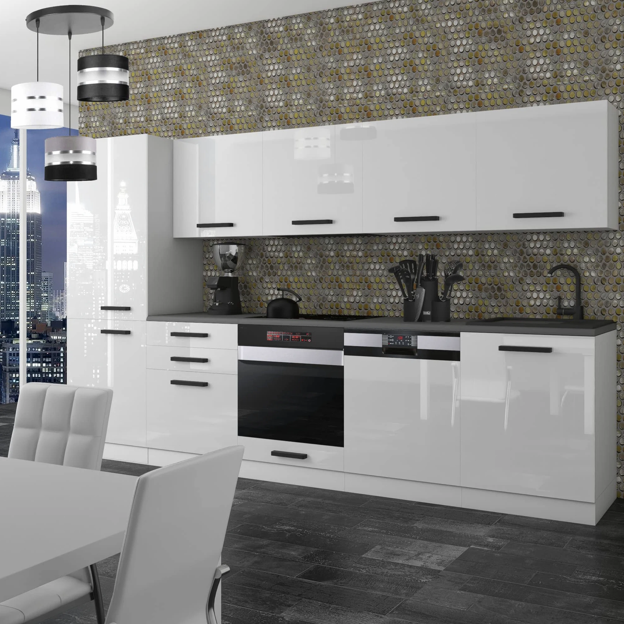 Belini, Rose - Cucina monoblocco, 300 cm, cucina componibile, senza elettrodomestici, con armadietti pensili e mobiletti, senza piani di lavoro, bianco lucido
