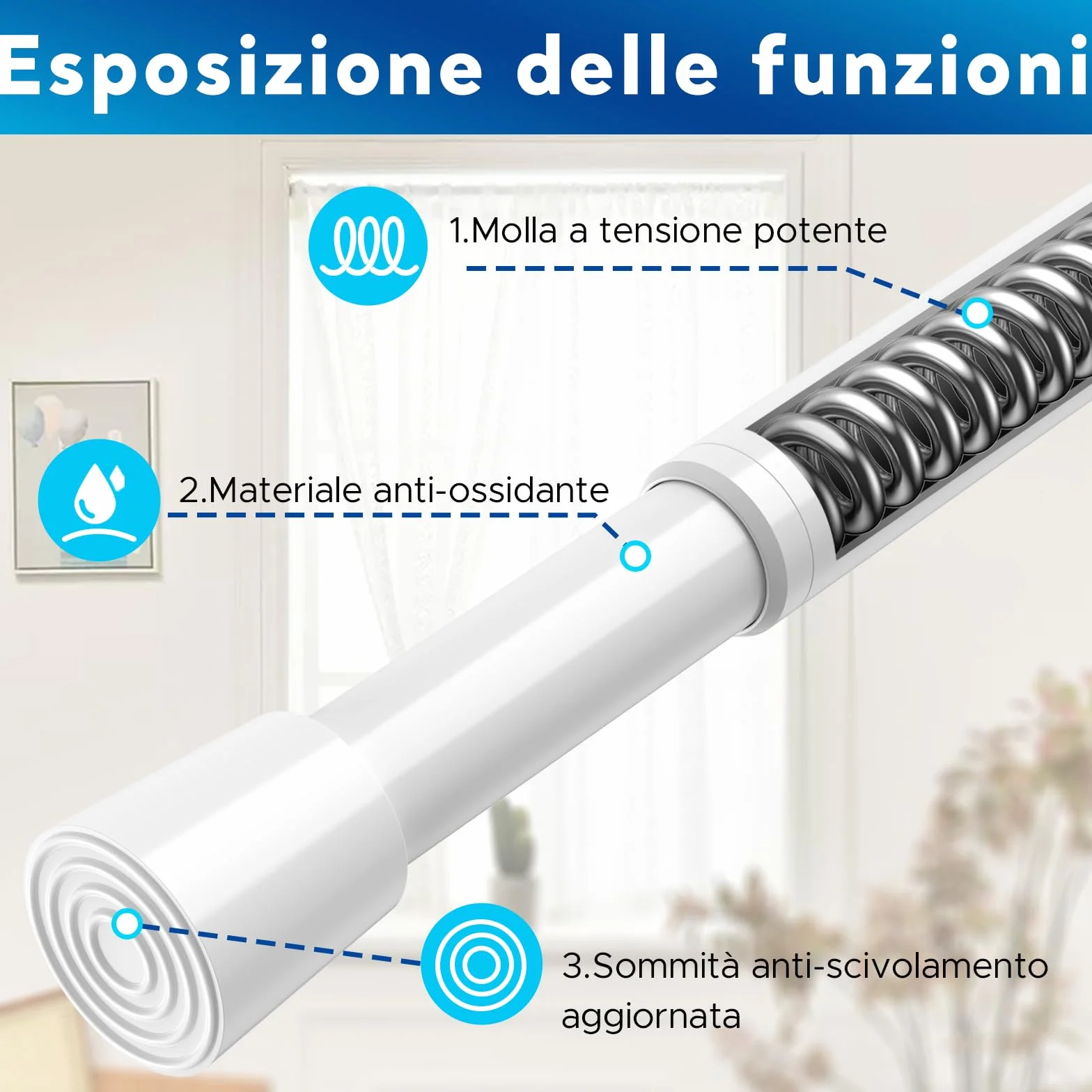 Bastoni per Tende a Pressione 2 Pezzi Estensibile Regolabile 70-100 cm 16mm Bianco