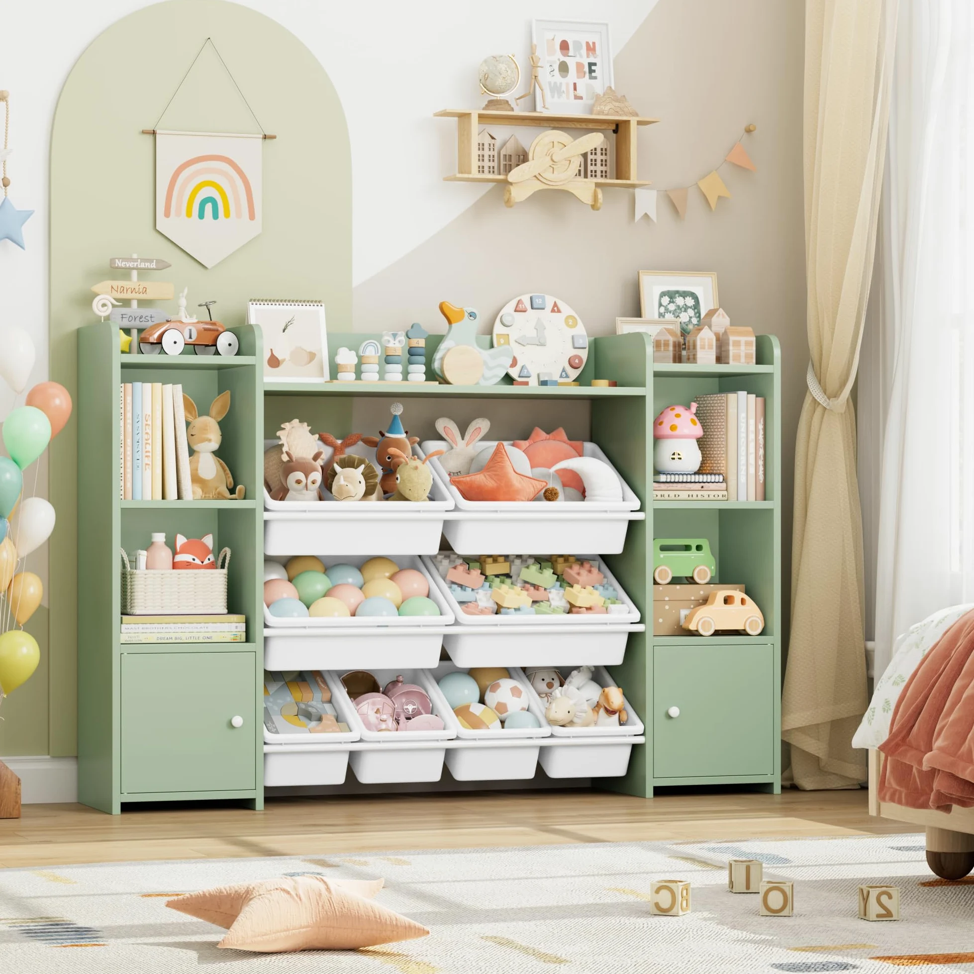 FOREHILL Scaffale per Giocattoli con 8 Contenitori Rimovibili in Plastica,Organizzatore Libreria per Bambini con Mensola Aperti, per Camera dei Giochi, 138.8 x94.3x29.6cm (Verde)