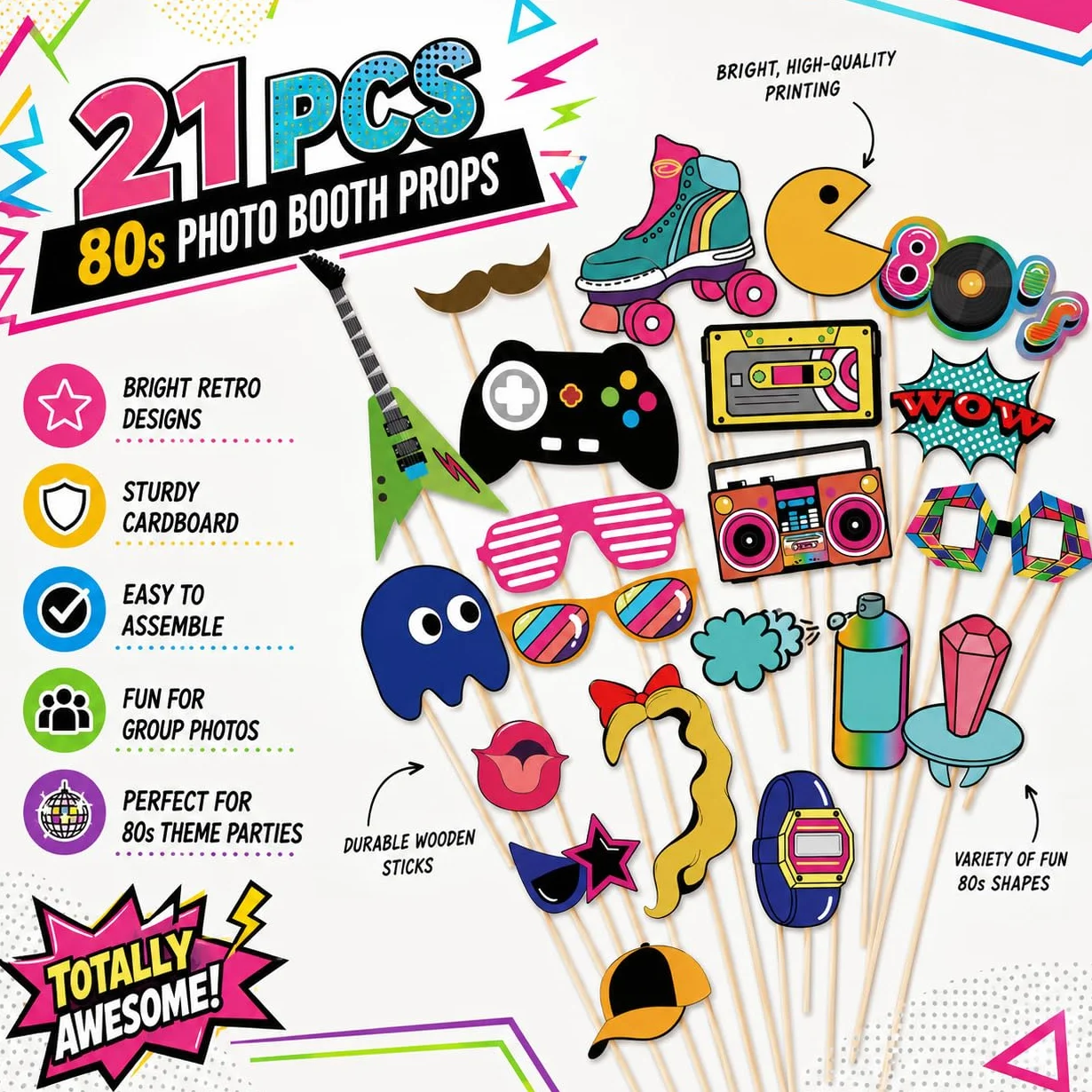21 pezzi Accessori di Scena per Foto Anni '80, Decorazione per Feste Fotografice, Oggetti di Scena Musicali, Tema Retrò Anni '80 Decorazione per Feste, Decorazioni Creative