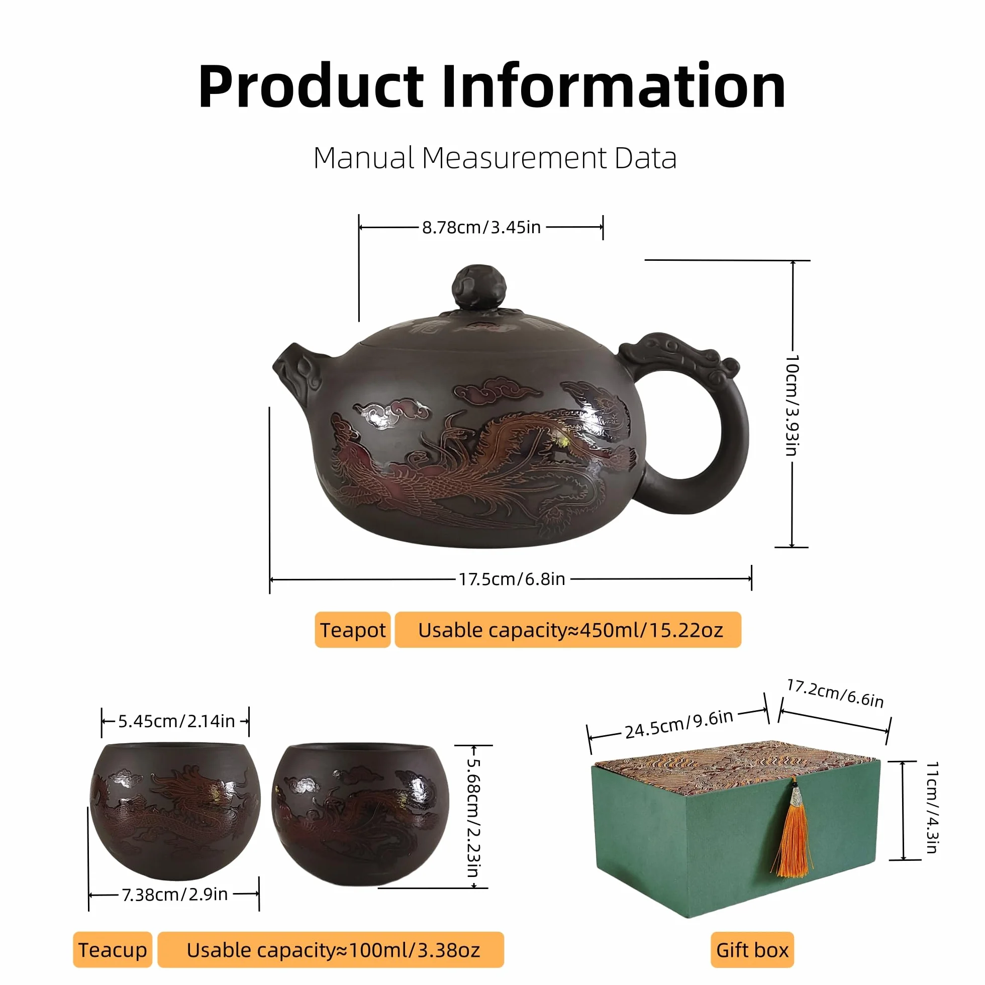 Set di Teiera Yixing Zisha 450ML, Teiera Cinese in Argilla Fatte a Mano con Scatola Regalo, Set da Tè Che Cambia Colore, Teapot Kung Fu con 2 Tazze, Drago e Fenice