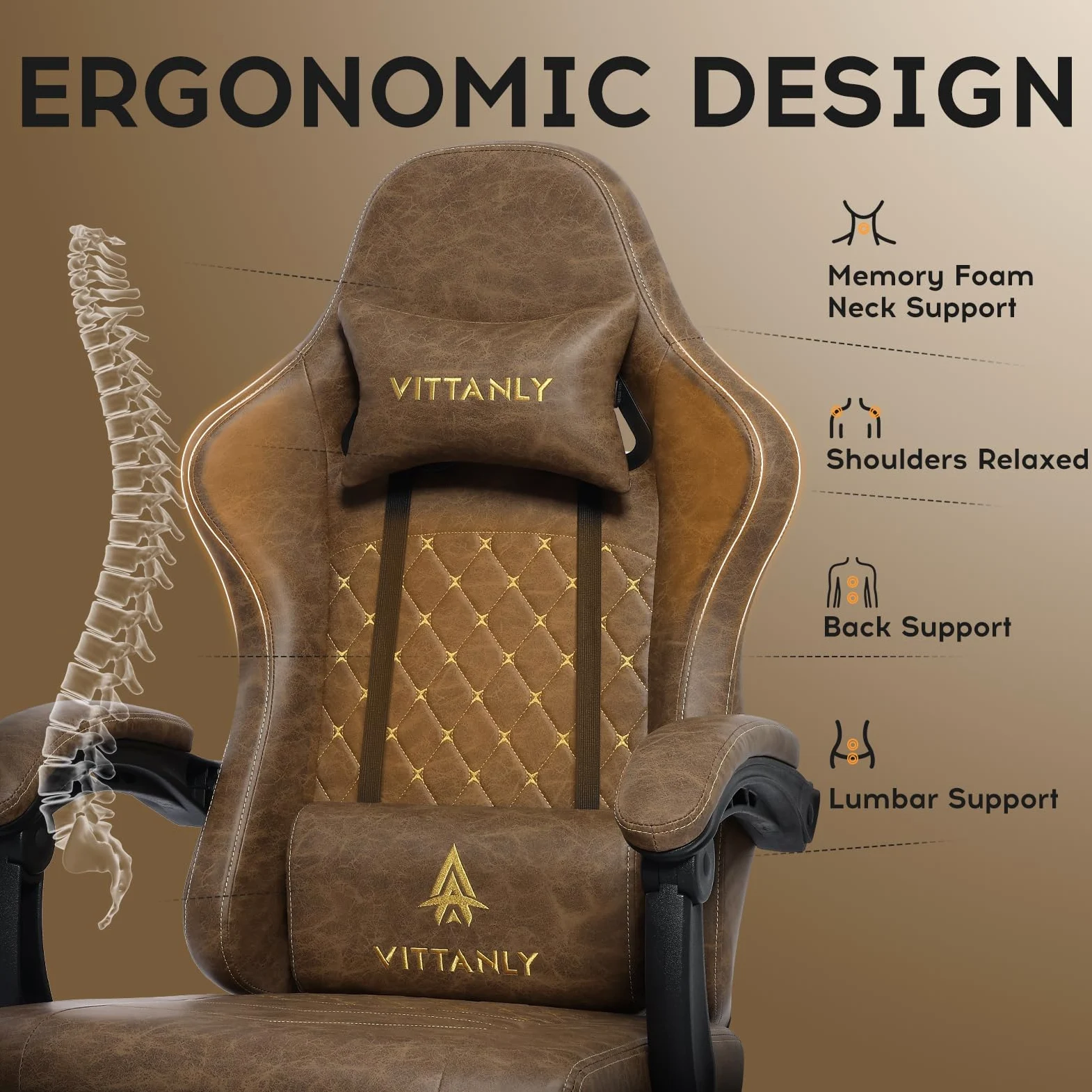 Vittanly Sedia da gioco con cuscino primaverile, ergonomica, per gaming, con poggiatesta, cuscino lombare e poggiapiedi, regolabile in altezza, sedia da gioco, sedia da ufficio, 150 kg, marrone
