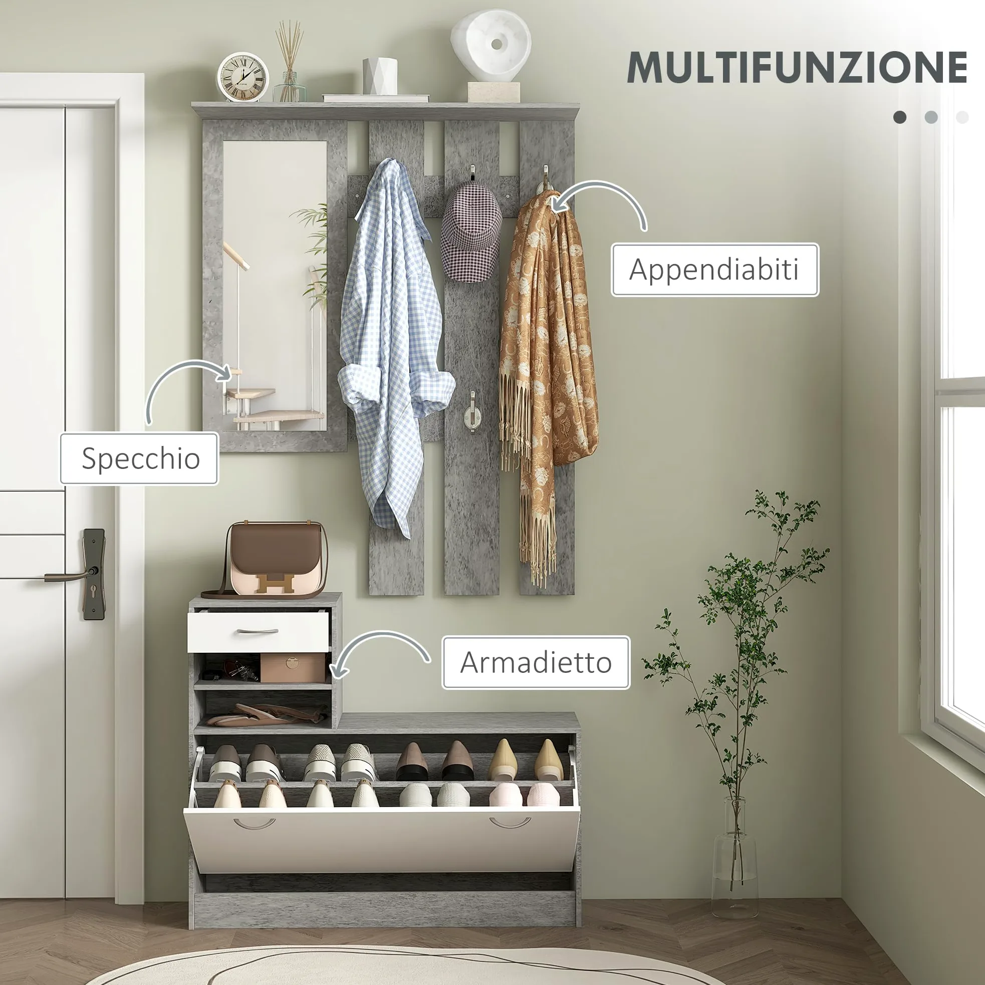 HOMCOM Set Mobili Ingresso Moderno con Scarpiera e Specchio, Appendiabiti da Ingresso con 6 Ganci, 2 Ripiani Regolabili e Cassetti in Legno per Corridoio, Bianco e Grigio Chiaro