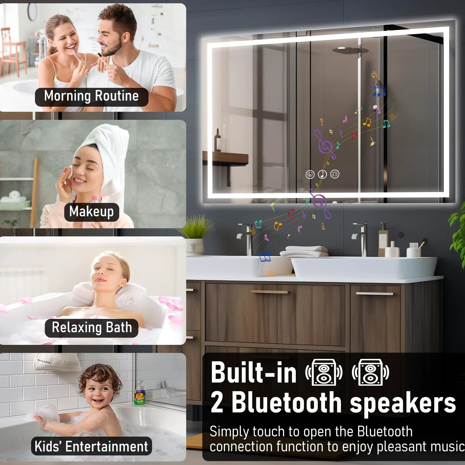70x100cm Specchio Bagno con Luce LED e Bluetooth, Specchio da Parete Antideflagrante con Luminosità Regolabile，3 Colori Luce, IP44 impermeabile, vetro temperato, Orizzontale/Verticale