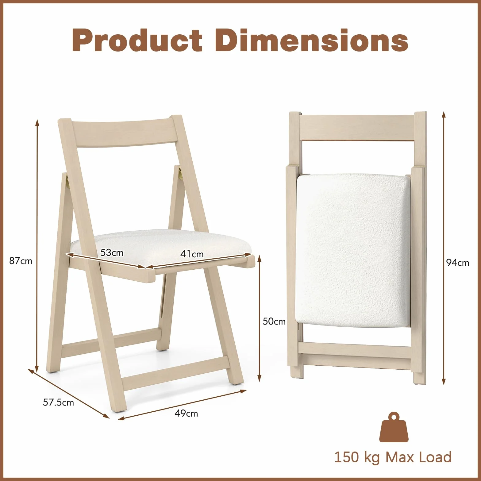GIANTEX Set di 2 sedie pieghevoli, imbottite, con telaio in legno di gomma e schienale inclinato, per cucina, soggiorno e balcone (beige)