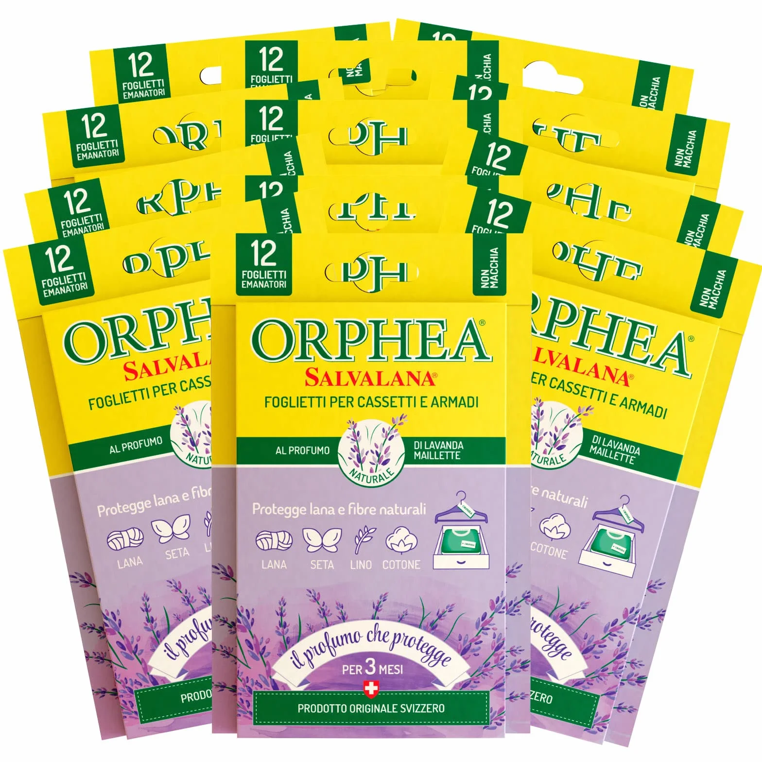 Orphea Salvalana Foglietti Cassetti e Armadi Protegge Lana e Fibre Naturali Lavanda Maillette Protezione Vestiti - 12 Confezioni da 12 Foglietti