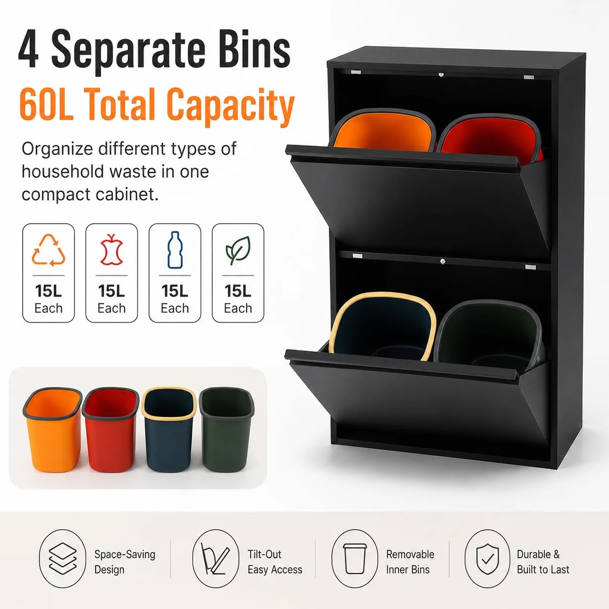Sistema di raccolta differenziata con 4 contenitori da 15 l, pattumiera da cucina con armadio (nero) | 56 x 24,5 x 91 cm, acciaio laminato a freddo, 4 contenitori da 15 l, montaggio a parete, per cucina, ufficio, commercio