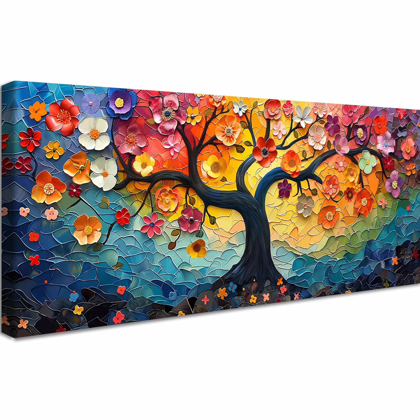 Albero della vita colorato hippie Stampa su tela con cornice Albero di fiori astratto Pittura Quadri su tela Quadri Moderni Poster da parete Stampe da Parete soggiorno Camera da letto 50x120cm