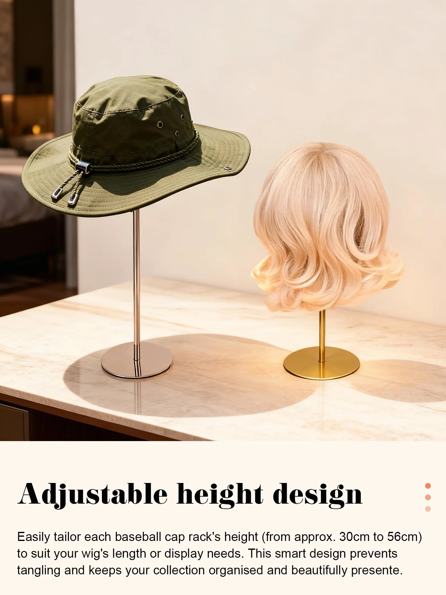 Supporto per cappelli in acciaio inossidabile dorato regolabile 30-55 cm Espositore da cowboy