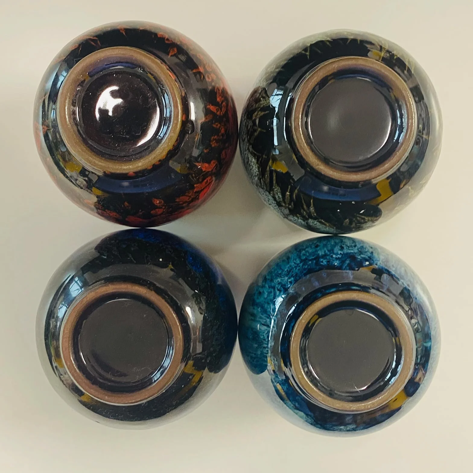 Set di tazze da tè in ceramica giapponese fatte a mano, 4 pezzi, smaltata multicolore flambed