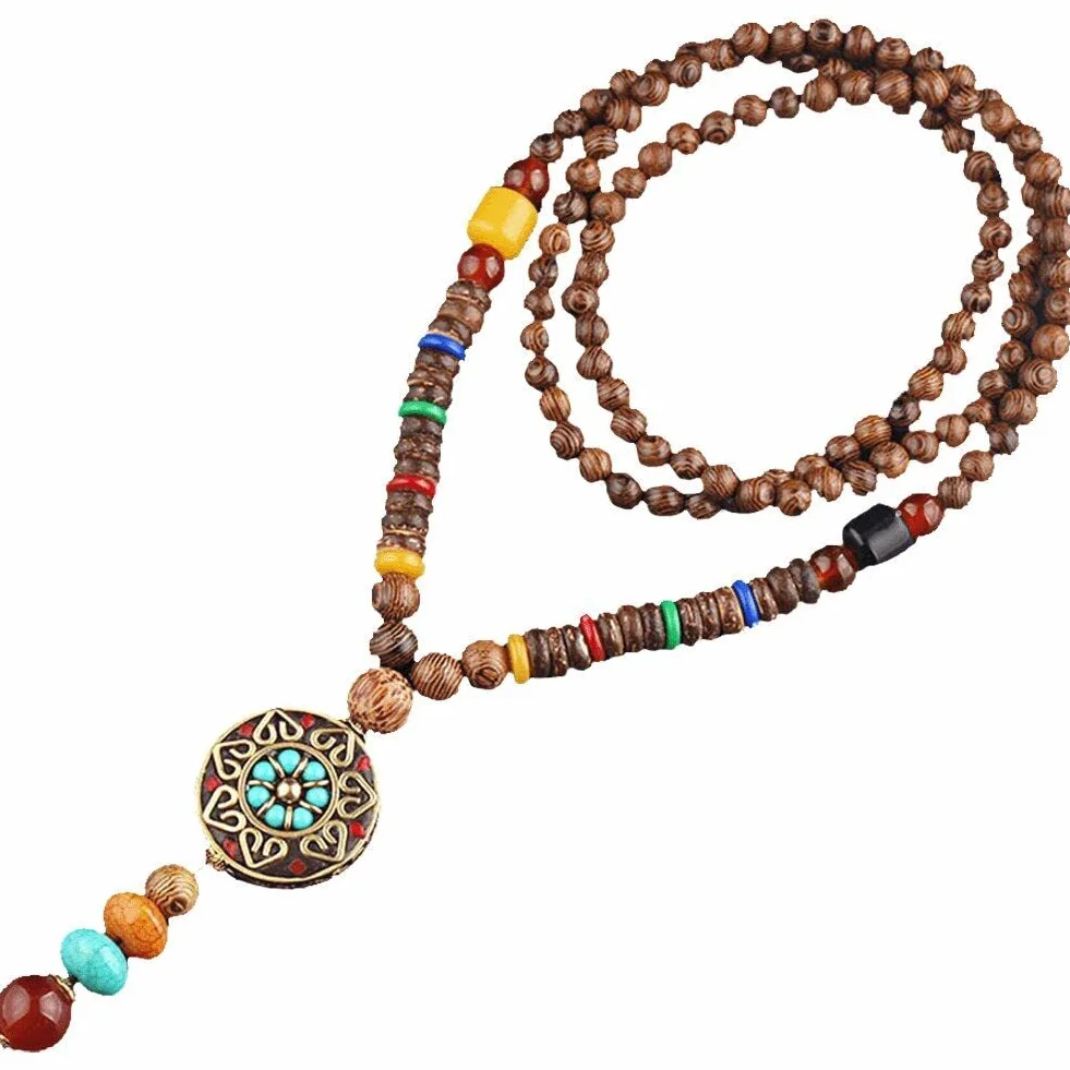 Collane di Perline in Legno Collana Vintage Etnica Fatta a Mano Nepal Meditazione Preghiera Maglione con Collana Lunga con Ciondolo