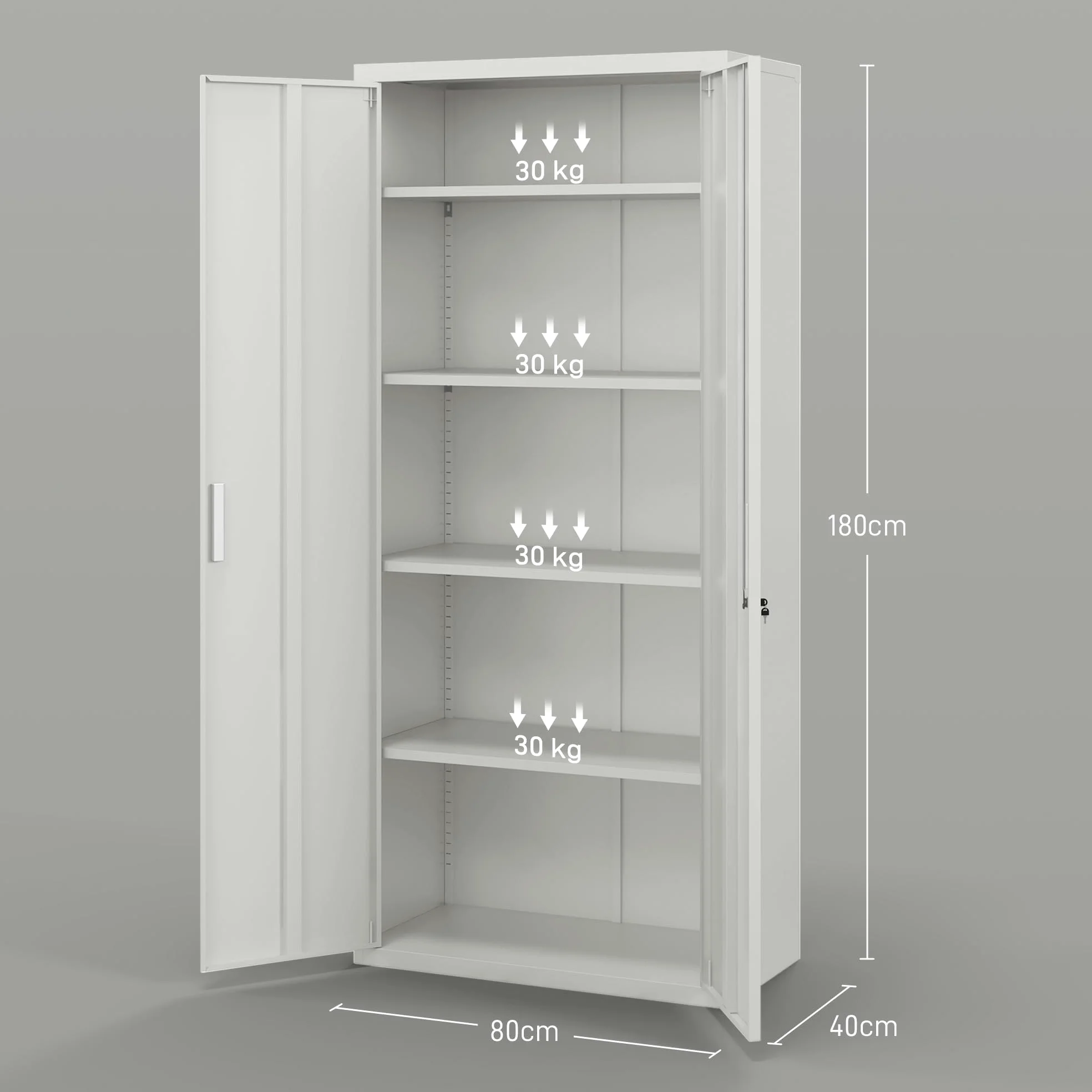 HOMCOM Armadio Ufficio a 5 Livelli con 4 Ripiani Regolabili, Armadio in Metallo Portadocumenti con 2 Ante, Serratura e 2 Chiavi, 80x40x180 cm, Bianco