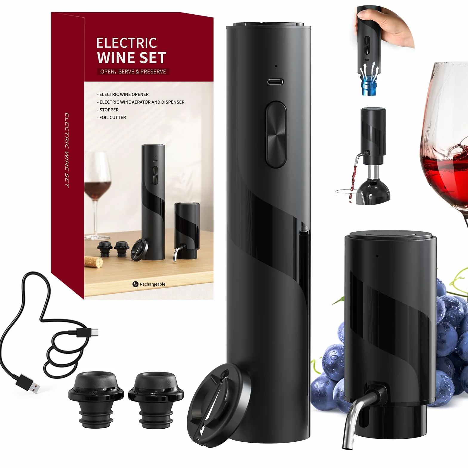 CIRCLE JOY Cavatappi Elettrico Set regalo, Apribottiglie Ricaricabile 2 in 1, Aeratore Versatore Vino, Tappi a vuoto USB