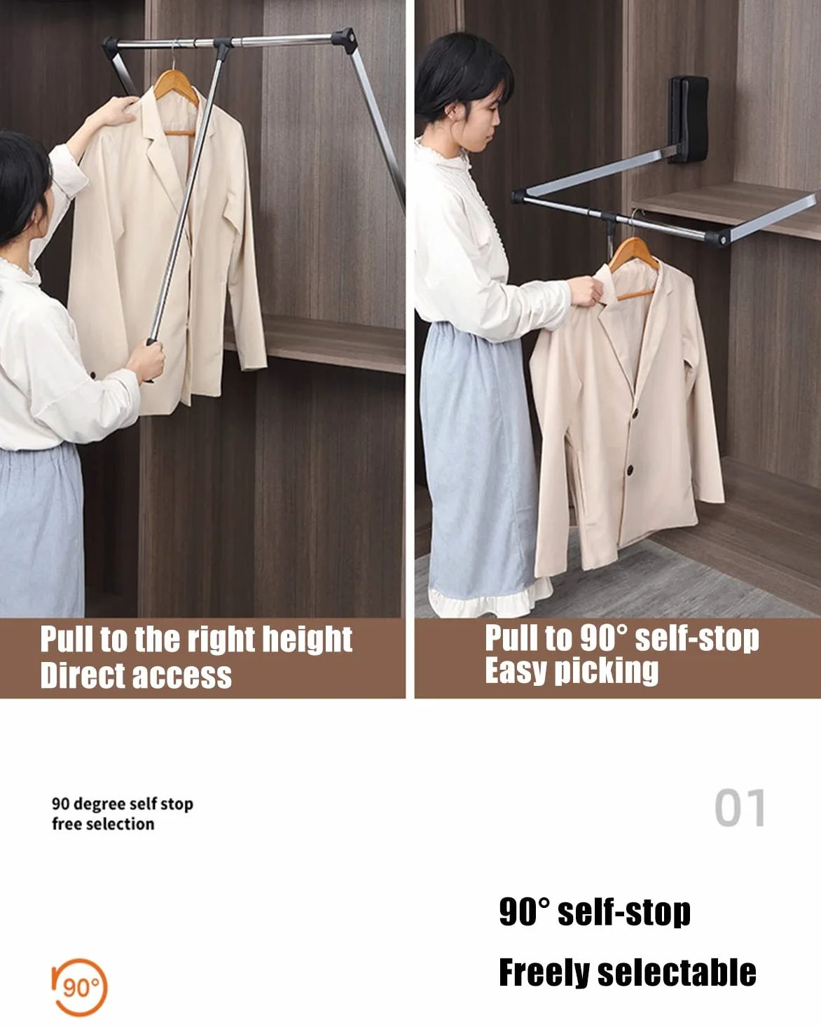 DYK&NX Appendiabiti Saliscendi Regolabile Armadio, ventole per Abiti Pieghevoli Bastone, Automatico con Apertura e Chiusura Assistita, Carico Massimo 40 kg, per Armadio Guardaroba (Size : 700-930mm)
