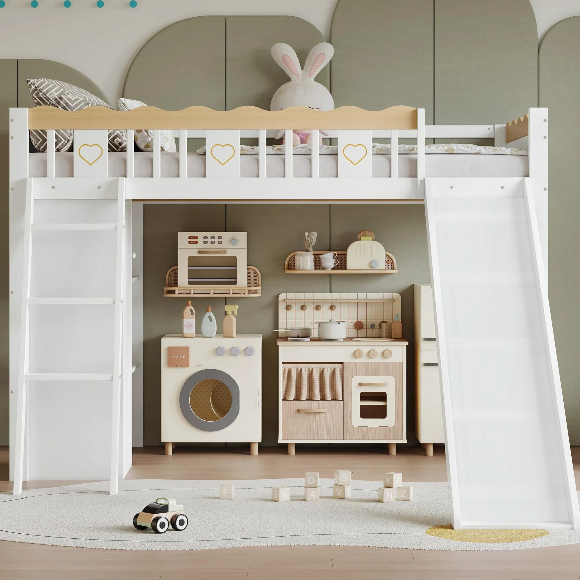 Azkoeesy Letto a Soppalco per Bambini con Scivolo, Scala Inclinata, Armadio, Mensole Librarie Integrate, Parapetto di Sicurezza Ondulato, in Pino Massiccio, Bianco, 90x200 cm