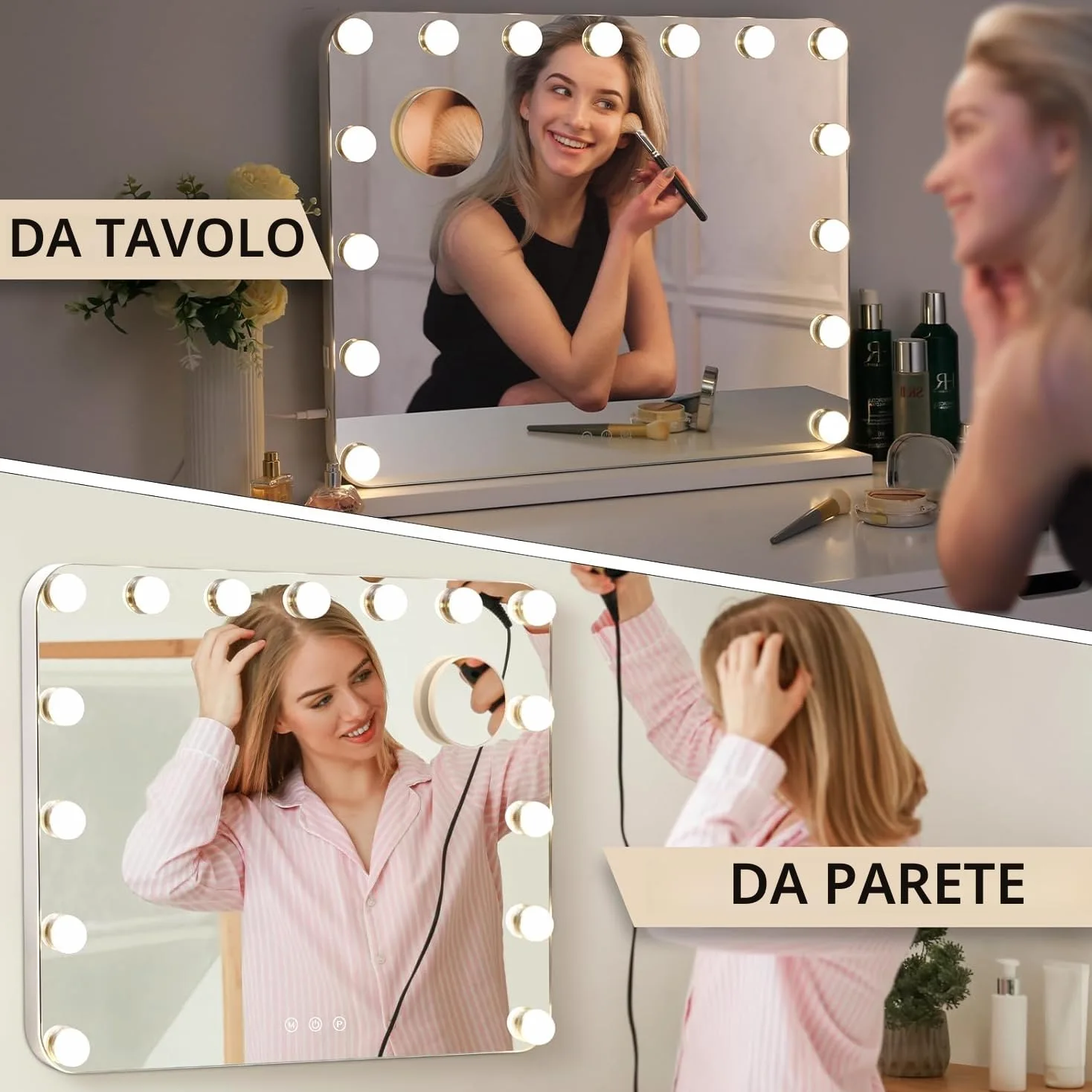 Hollywood Specchio Trucco con Luci,15 LED,50x40 cm,Specchio da parete,3 Temperature di Colore,Controllo touch e lente d'ingrandimento 10X,USB,Specchio da tavolo,specchio con luci make up,Bianco