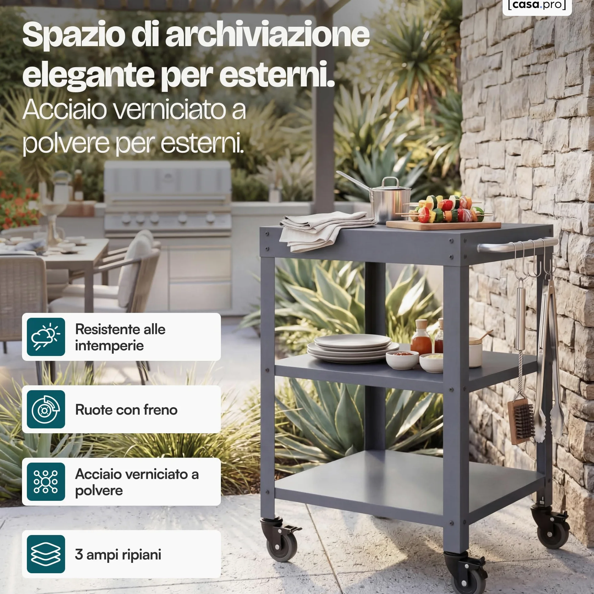 casa.pro Carrello Portavivande da Giardino in Acciaio con 3 Ripiani e Ruote Carrello Portatutto Da Cucina Servizio Portata a Rotelle 81x50x50 cm - Grigio Scuro opaco