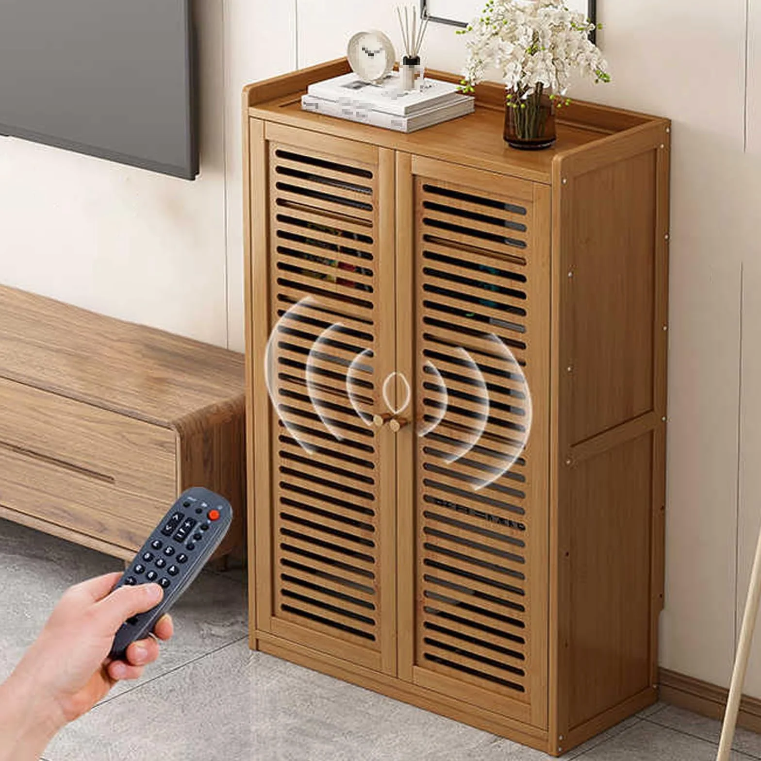 Mobilettos Nascondi Router Materiale di Bambù Addensato Design | Cavo Archiviazione Multipla Armadio per Router in Legno per La Decorazione Della Parete(Brown,59*25*97cm)