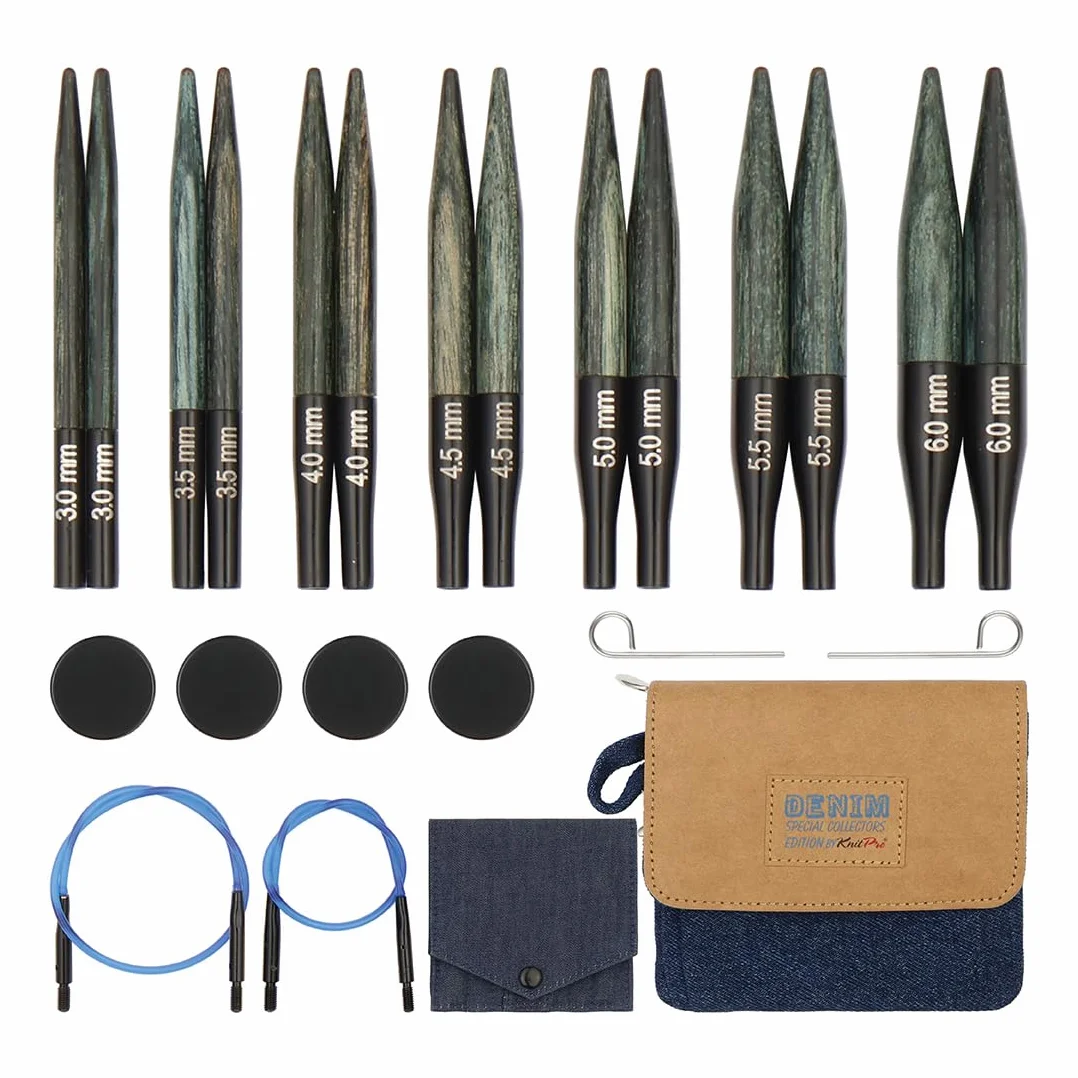 KnitPro Set di Ferri circolari intercambiabili Indigo Wood Short, 3,00 mm - 6,00 mm