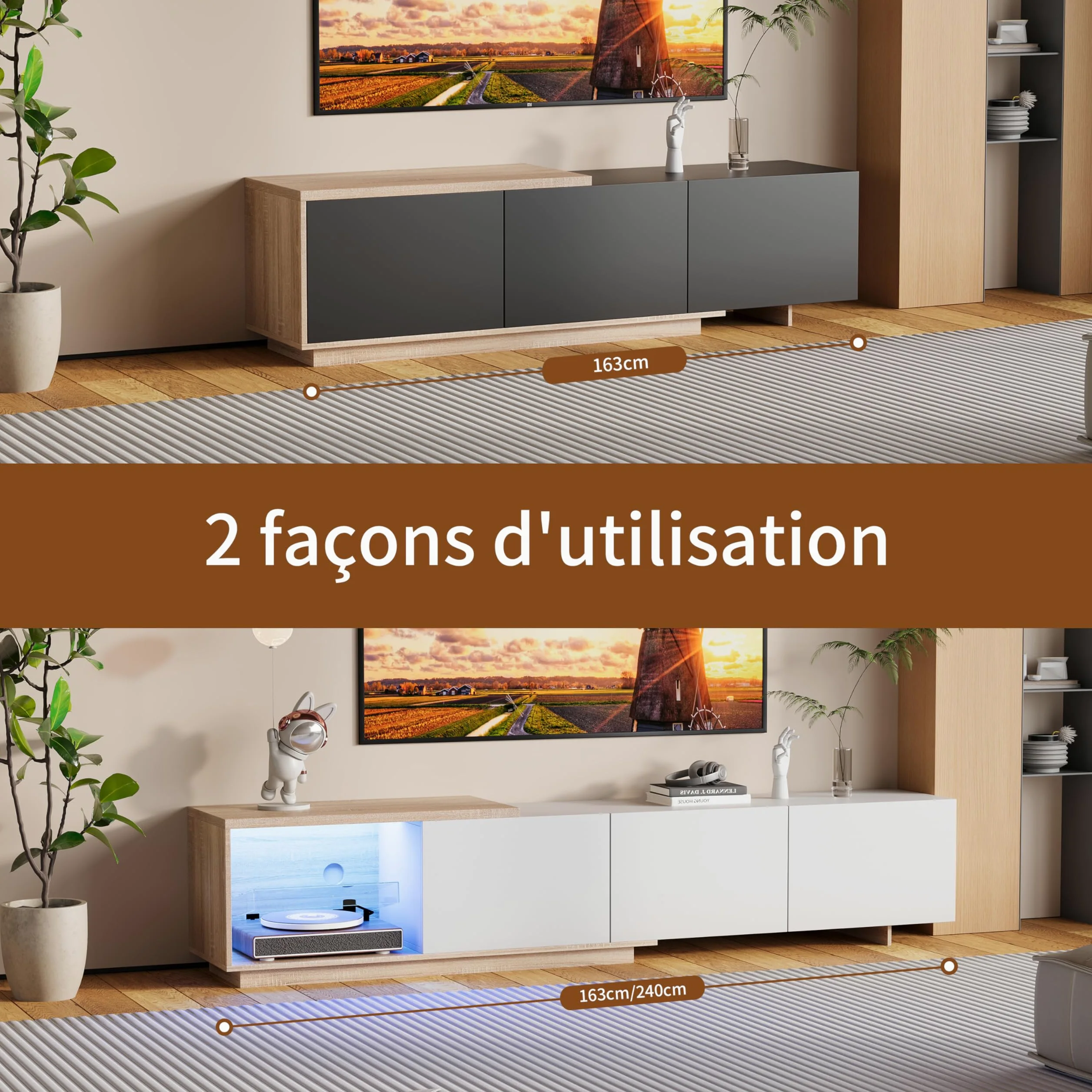 Mobile porta TV allungabile, mobile porta TV 240 cm di lunghezza con illuminazione LED, 3 cassetti, mobile TV in legno, mobili TV per televisioni da 65 pollici, mobili TV moderni per soggiorno o