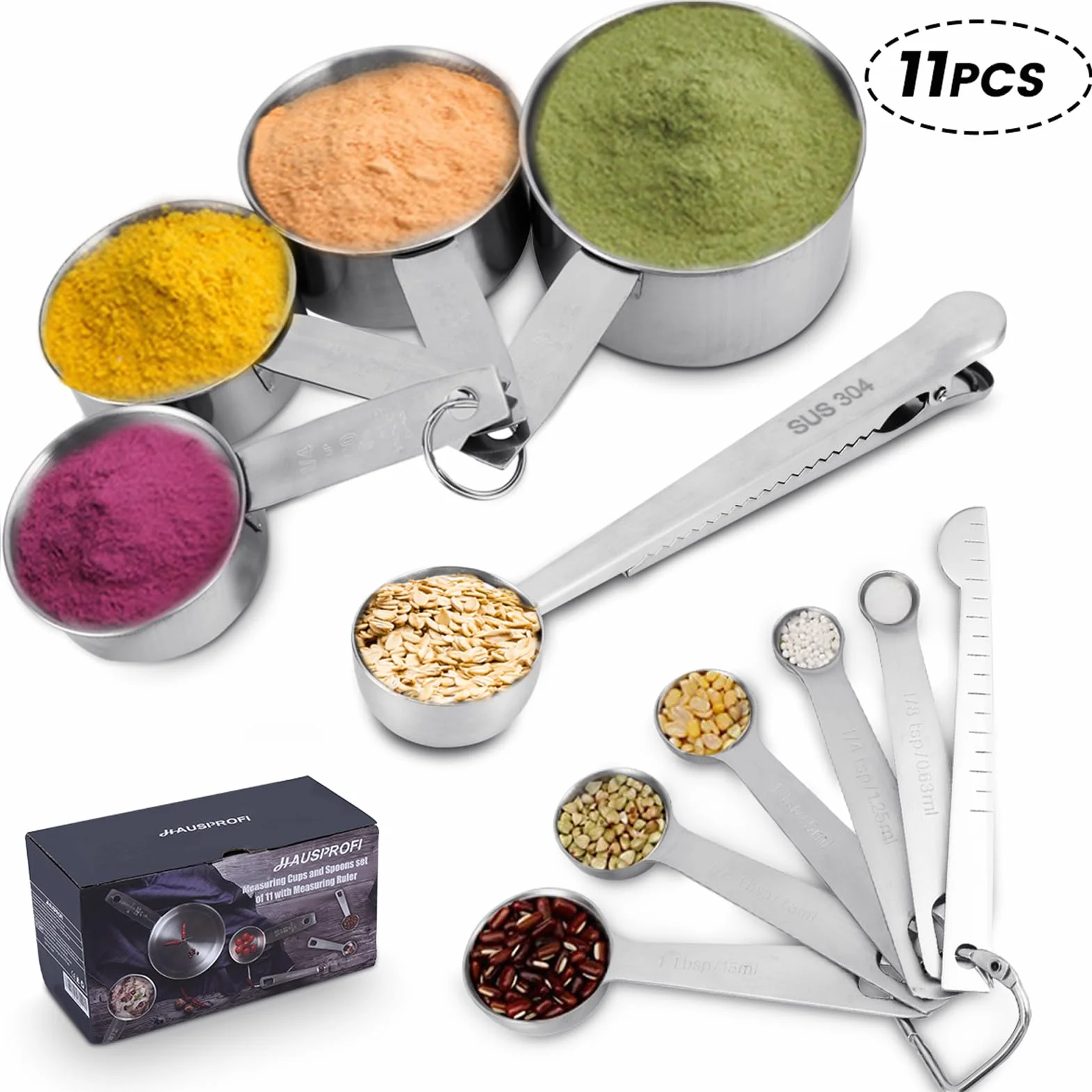 11pz Cucchiai Dosatori Misurini Cucina in Acciaio Inox 304 HAUSPROFI - Cucchiai Graduati Measuring Spoons Cucchiaio Dosatore per Dolci Ingredienti Cottura