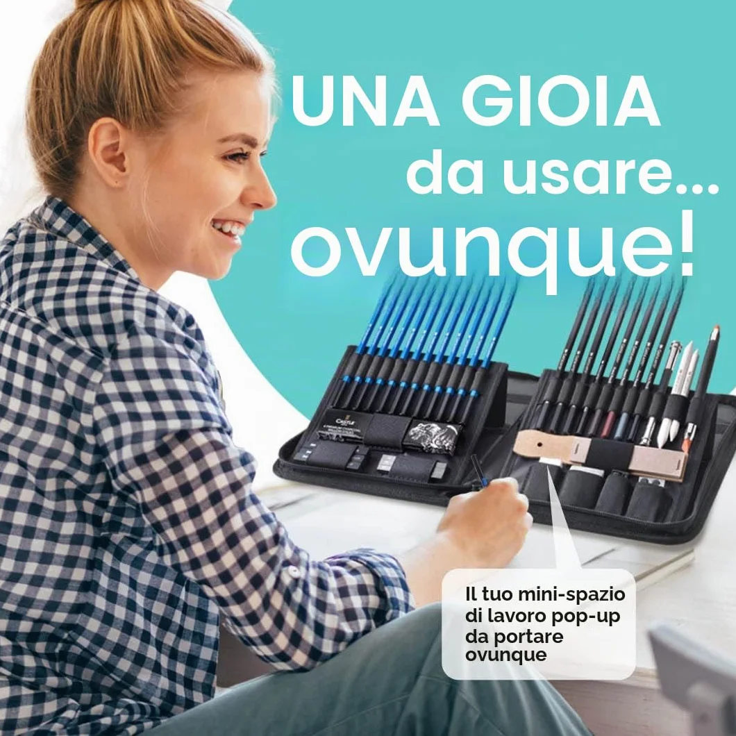 Castle Art Supplies Set 40 Pezzi per Disegno e Bozzetto Dotato di Guida | Per Artisti | Matite, Carboncini, Grafiti e Molto Altro | Con Custodia Cernierata di Trasporto